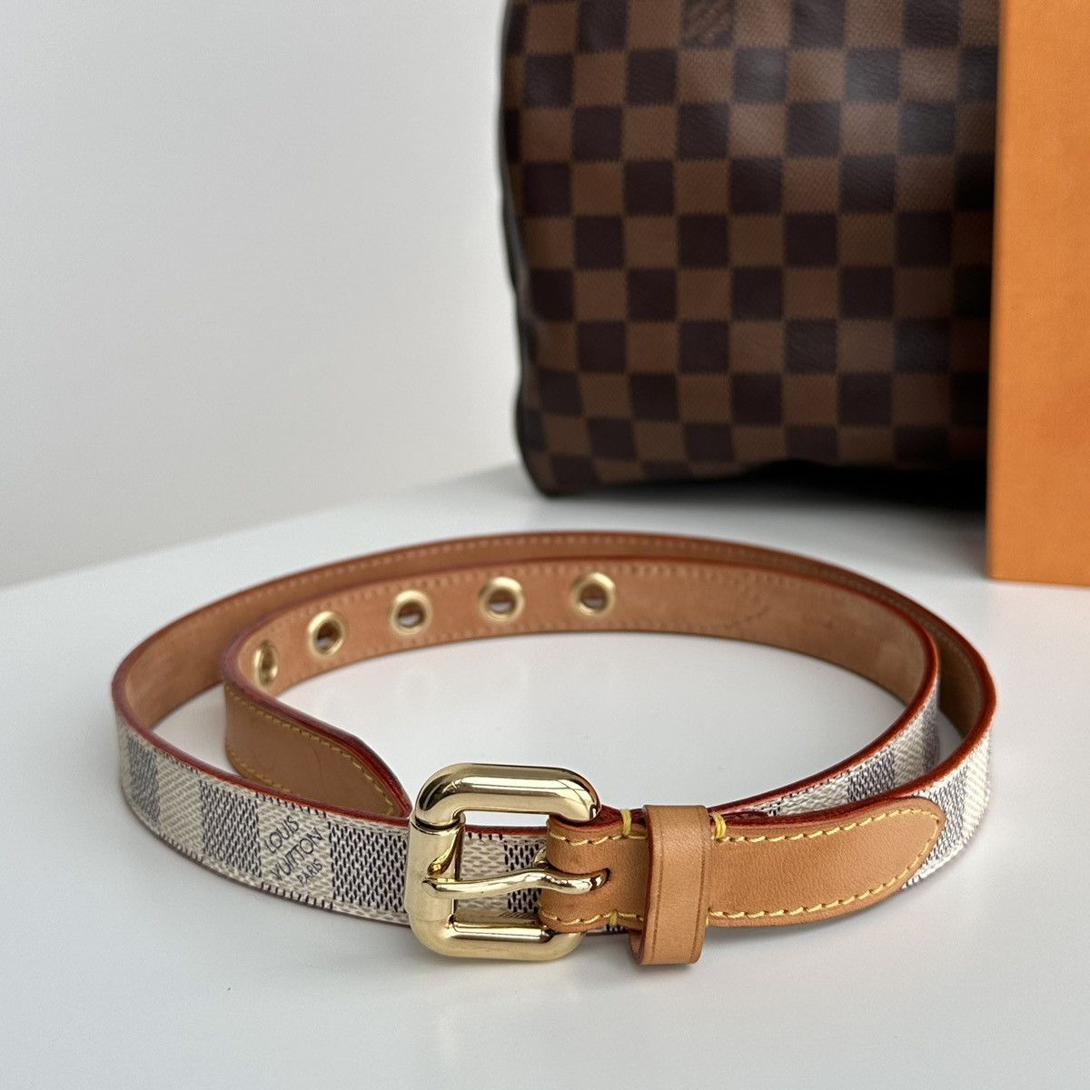 image of Louis Vuitton Belt Damier Azur Leather Ca0018 / Spain 2008 in White, Women's