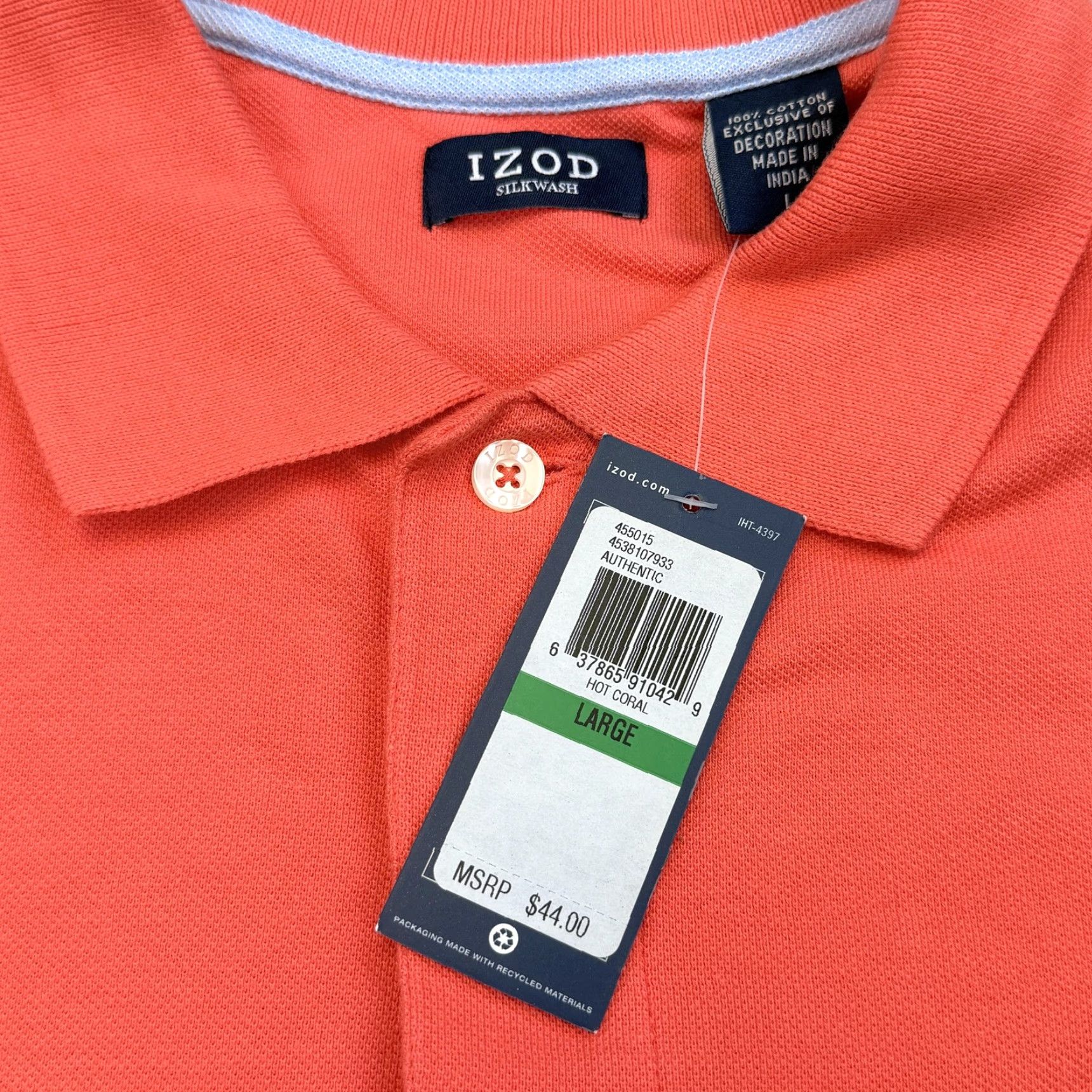 Izod Izod Polo Shirt Mens L Hot Coral 100% Cotton Short Sleeve Collared Solid Golf Casual Shirt Size US L / EU 52-54 / 3 - 4 Thumbnail