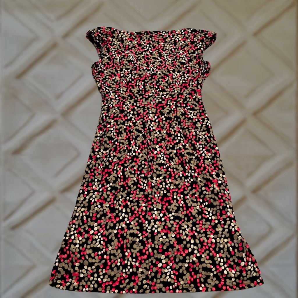 Ralph Lauren Lauren Ralph Lauren Padded Shoulders Midi Sheath Dress Womens 10 Cap Sleeve Multicolor V-Neck Pullover Knit Stretch Ruched Casual Workwear 90s? Size L / US 10 / IT 46 - 1 Thumbnail