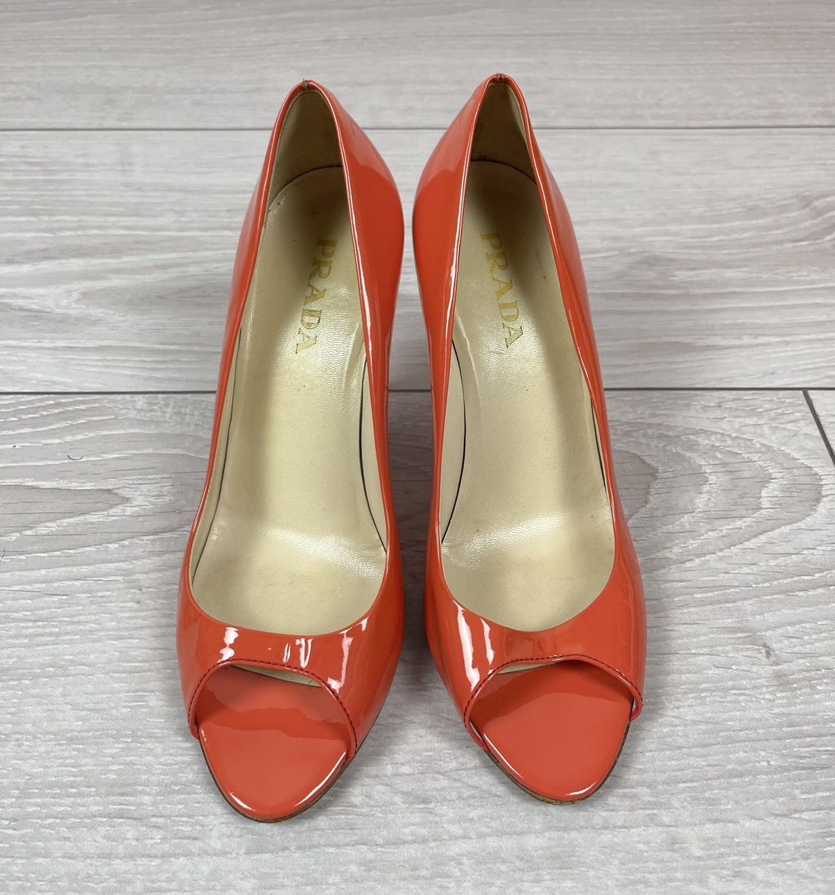 Prada Prada Leather Peep Toe Pumps Heels Coral Shoes Womens Size US 5.5 / IT 35.5 - 6 Thumbnail