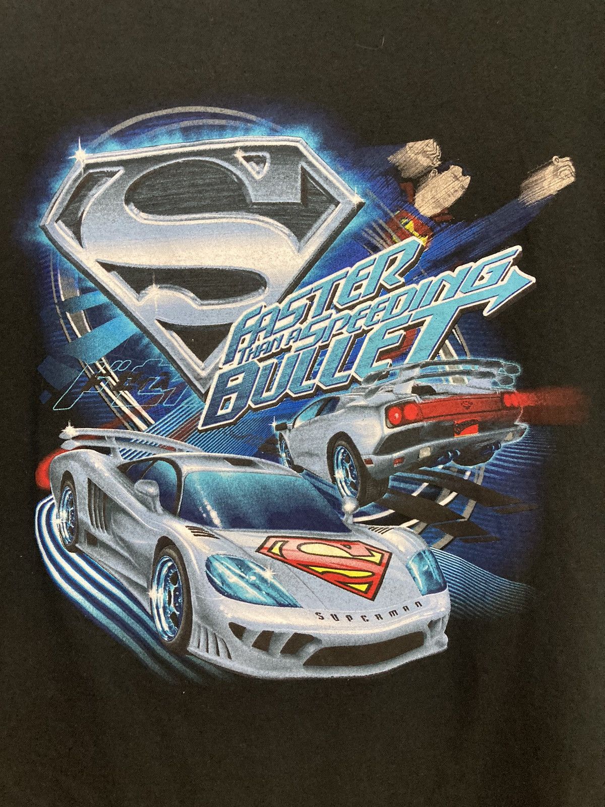 image of Vintage Superman Dc Comics Faster Than A Speeding Bullet T Shirt XL in Black, Men's
