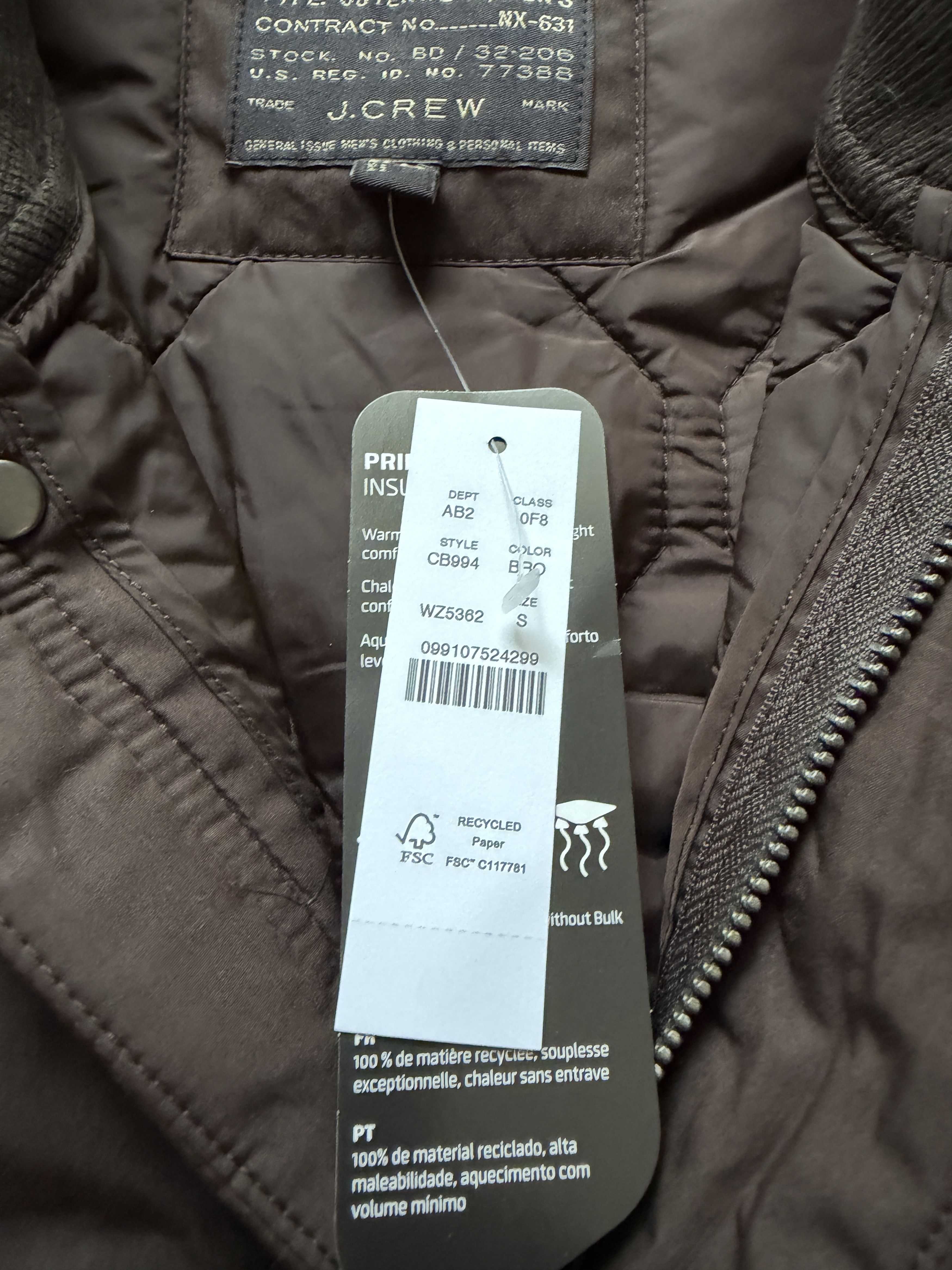 J.Crew J.Crew PrimaLoft Quilted Jacket Brown Small NWT Bomber Size US S / EU 44-46 / 1 - 2 Thumbnail