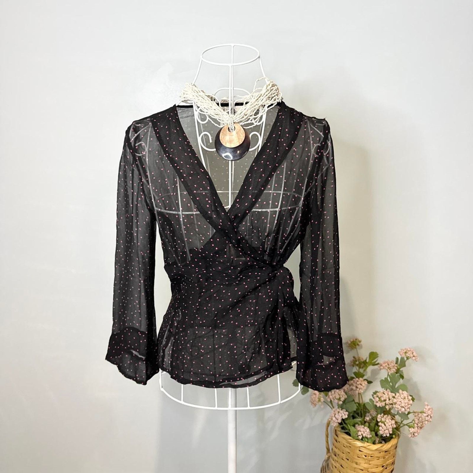 Other Pink & black polka dot silky vintage long sleeve blouse Size M / US 6-8 / IT 42-44 - 6 Thumbnail