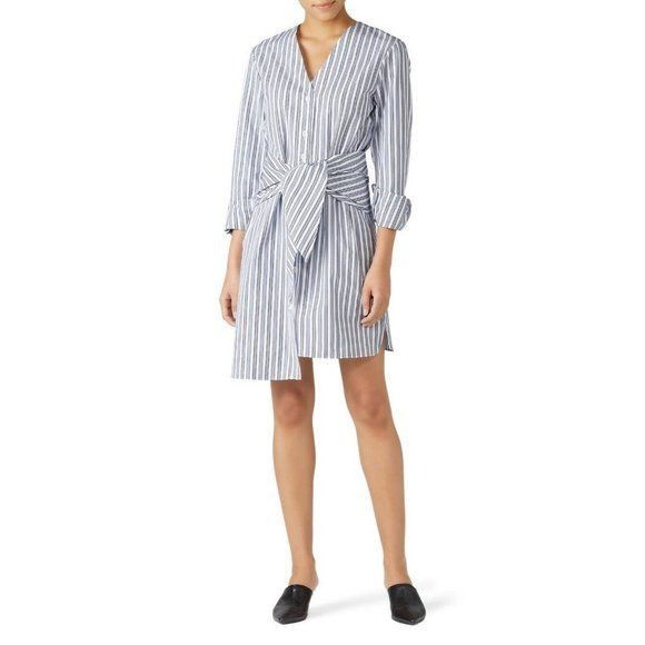 Image of New NWT $475 Size 0 Womens Tibi Liam Striped Tie V-Neck Shir in Blue Stripe