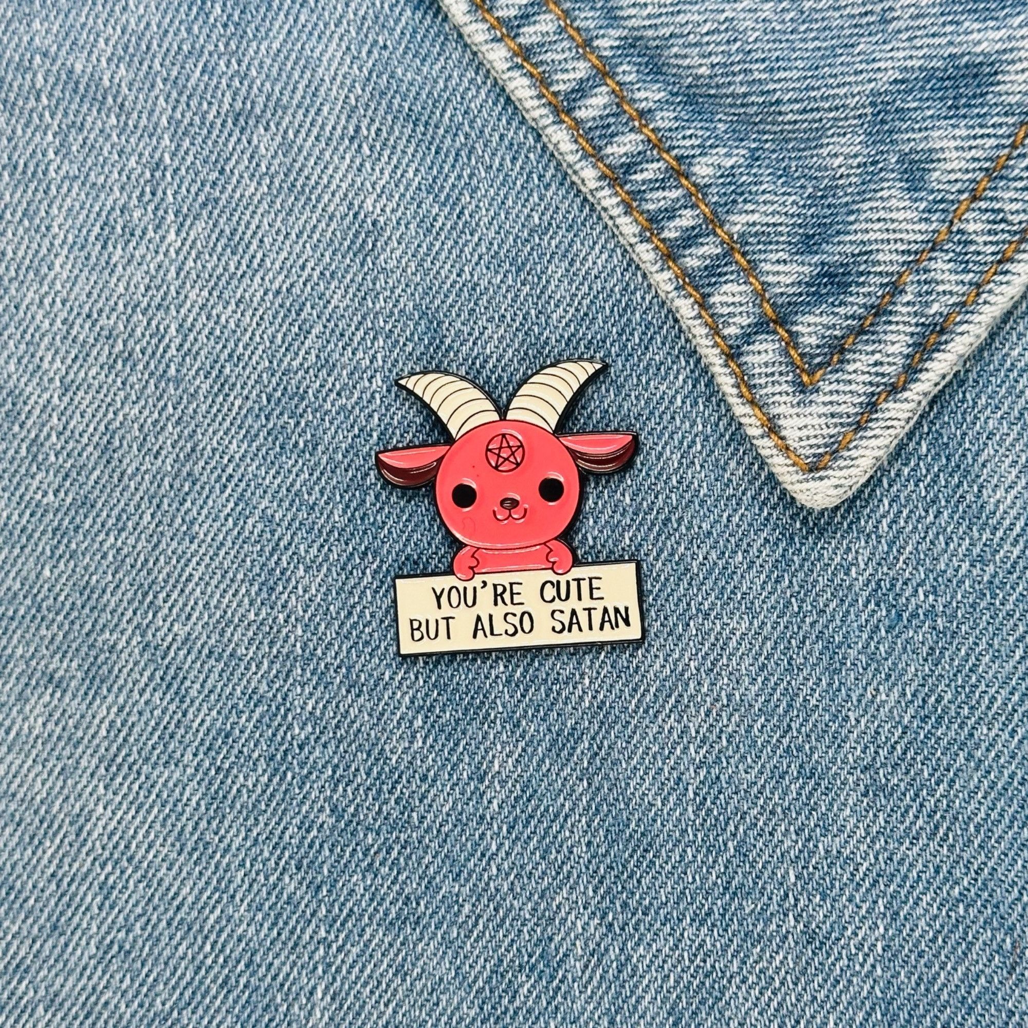 Other ⭐Cute but Satan Goat Pentagram Gothic Dark Evil Metal Pin Ba Size ONE SIZE - 1 Thumbnail