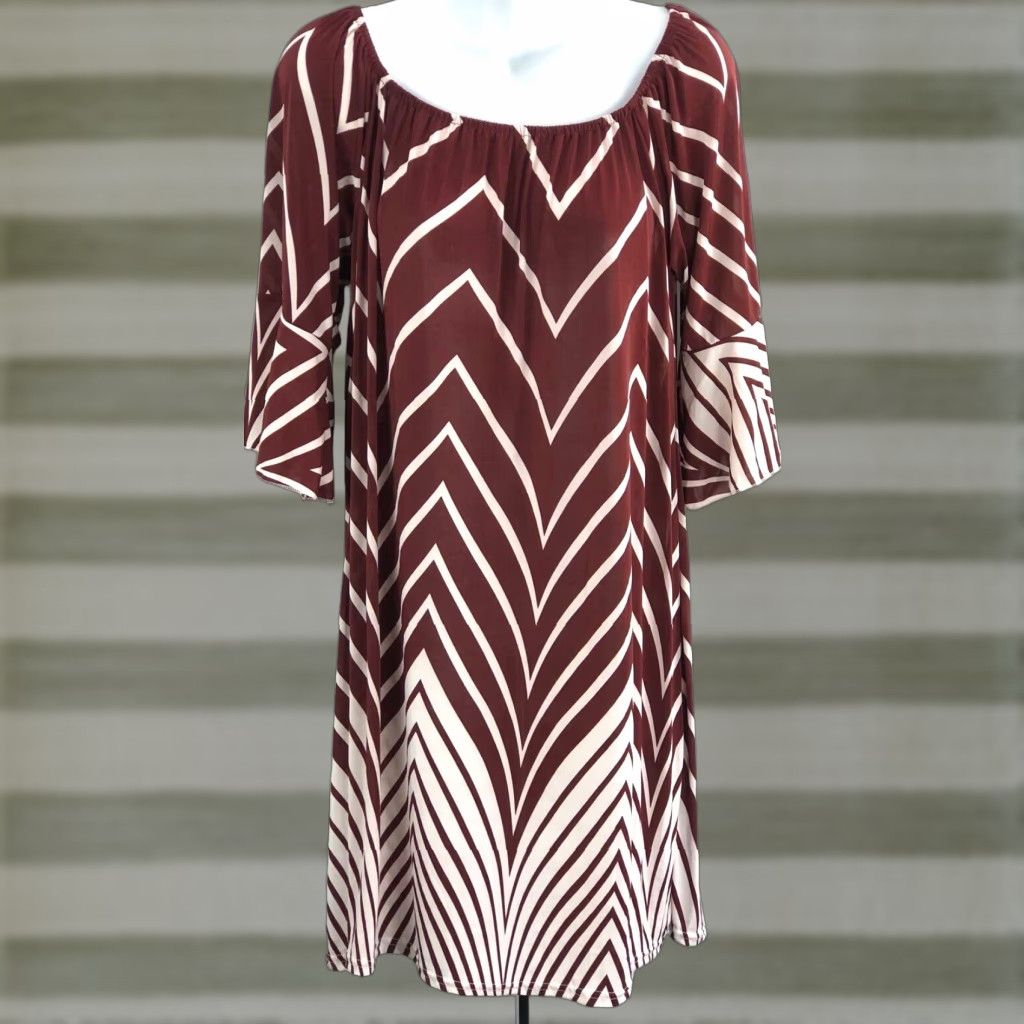 Vintage Ace Fashions Silky Shift Dress L Brown Geo 1/2 Flutter Sleeve KneeLength NWT Casual Workwear Bohemian City Modern Womens Size L / US 10 / IT 46 - 1 Thumbnail