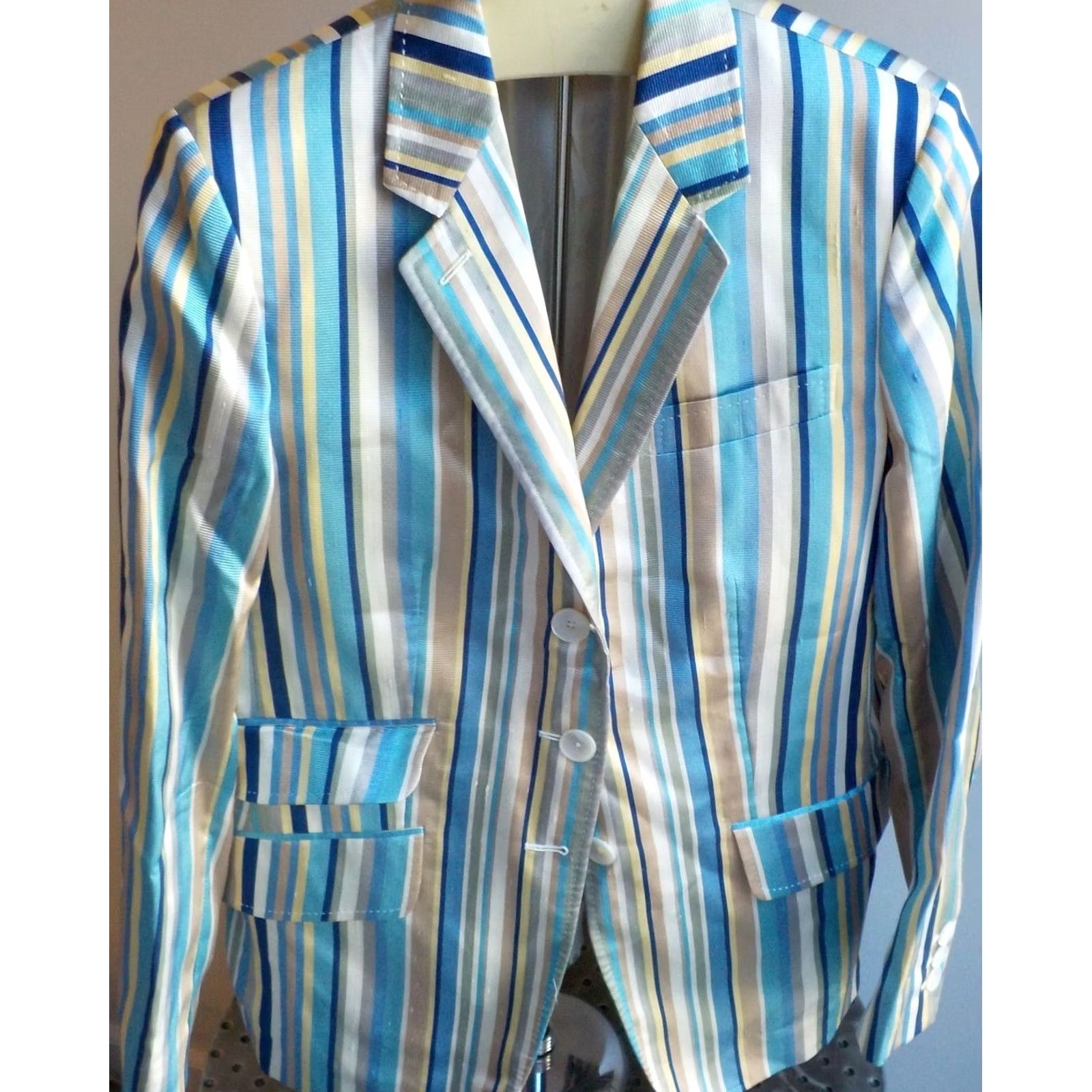Isaia ISAIA NAPOLI Blazer Women's Striped Silk Blend Blue, Tan, Turquoise SZ 8 Regular Jacket Coat SVG Size M / US 6-8 / IT 42-44 - 2 Thumbnail