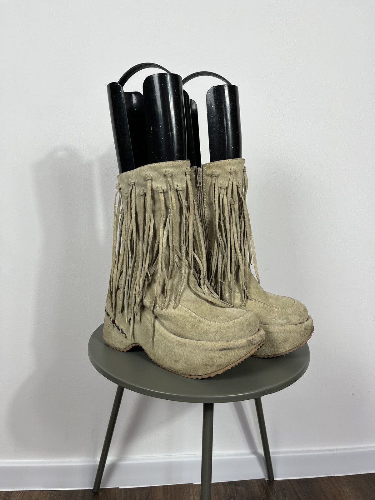 Vintage Beige Suede Fringe Platform Boots with Dangling Details Zip Size US 10 / IT 40 - 7 Thumbnail