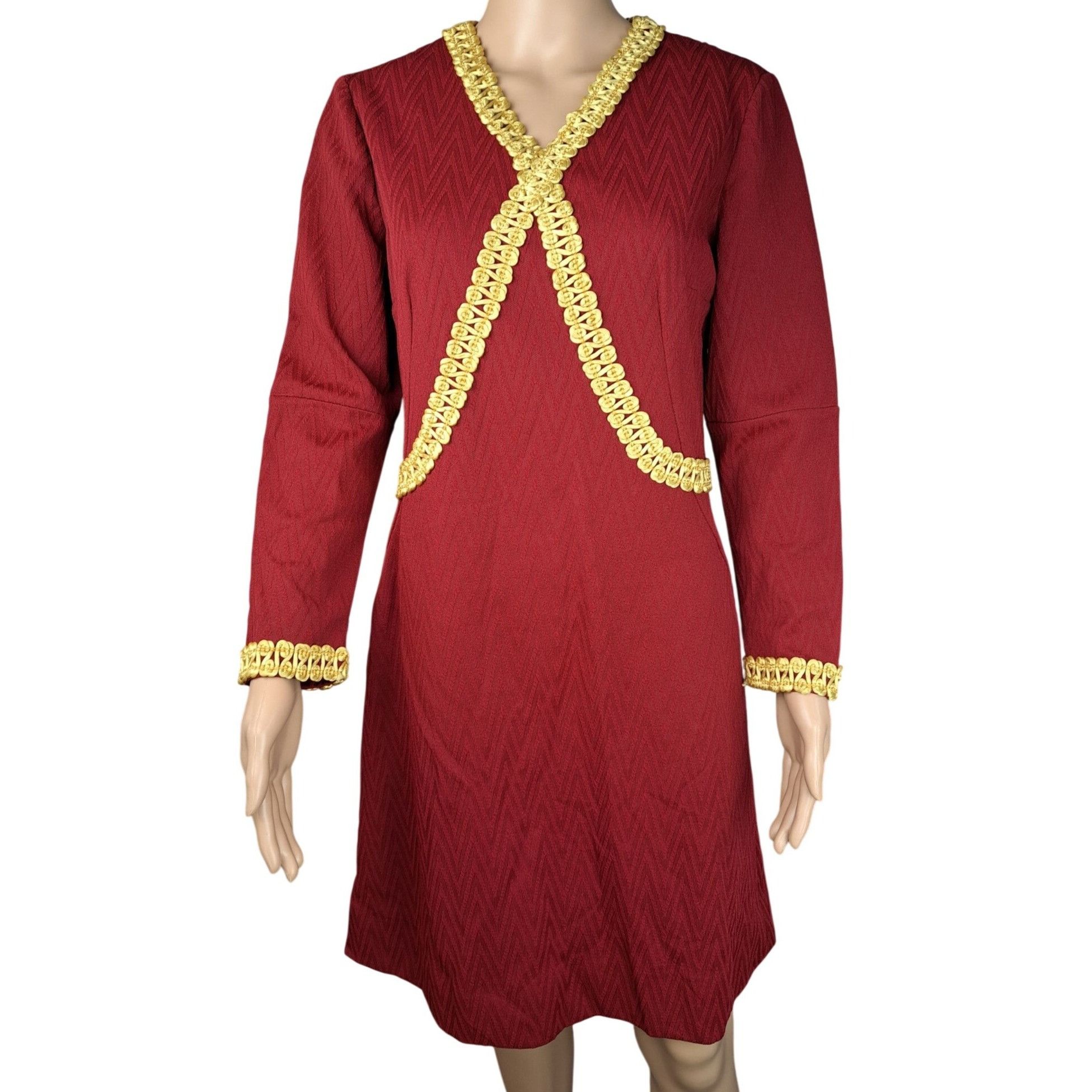 Handmade Vintage Handmade Maroon Dress Gold Gimp Trim Long Sleeve Size M / US 6-8 / IT 42-44 - 1 Thumbnail