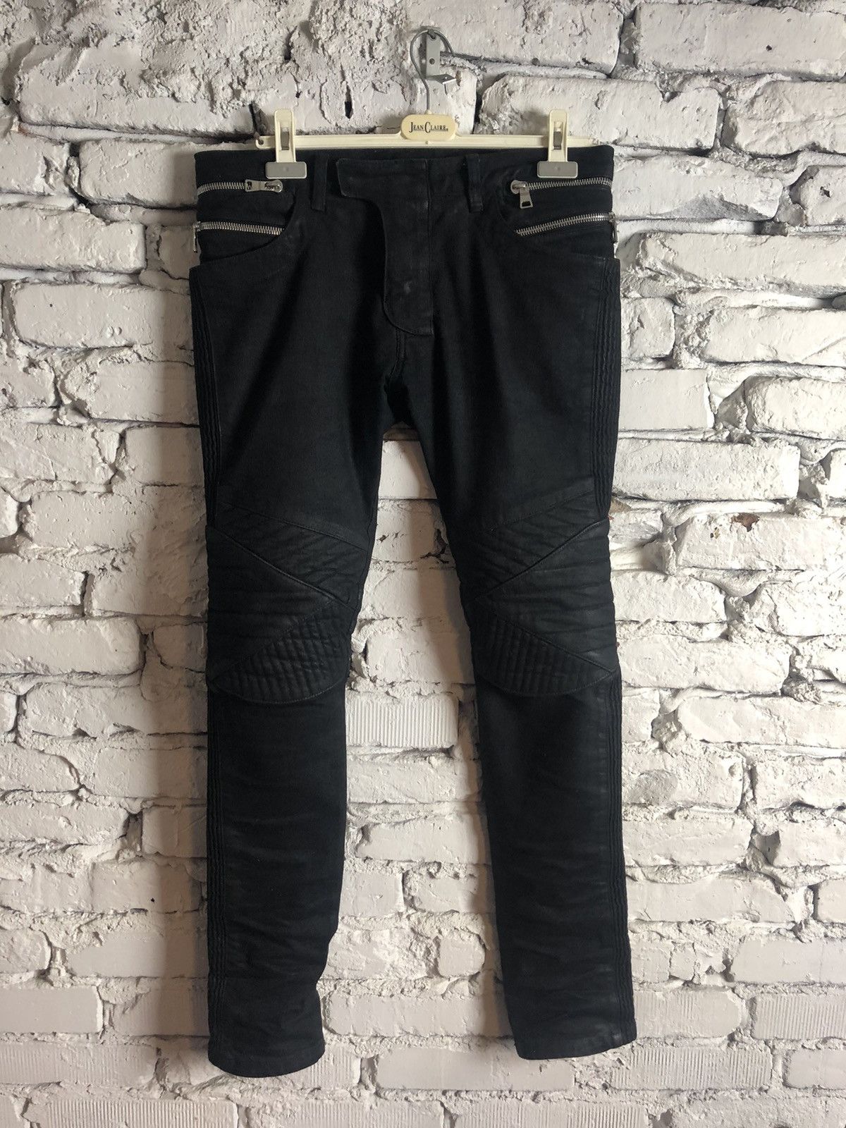 image of Balmain Black Waxed Multi Zipper Biker Jeans, Men's (Size 30)