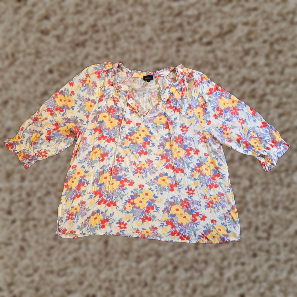 CO Jones & Co Top Womens 1X White Yellow Floral V Neck Peasant 3/4 Sleeve Casual Shirt Womens (Plus) Size XL / US 12-14 / IT 48-50 - 1 Thumbnail
