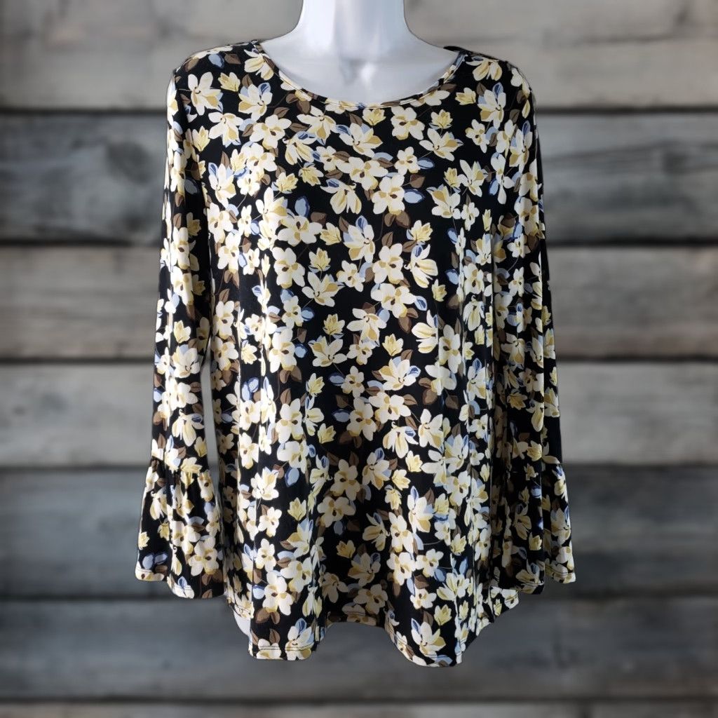 J. Jill J Jill Wearever Collection Womens Top XS Black Floral Bell Sleeve Blouse Shirt Size XS / US 0-2 / IT 36-38 - 1 Thumbnail