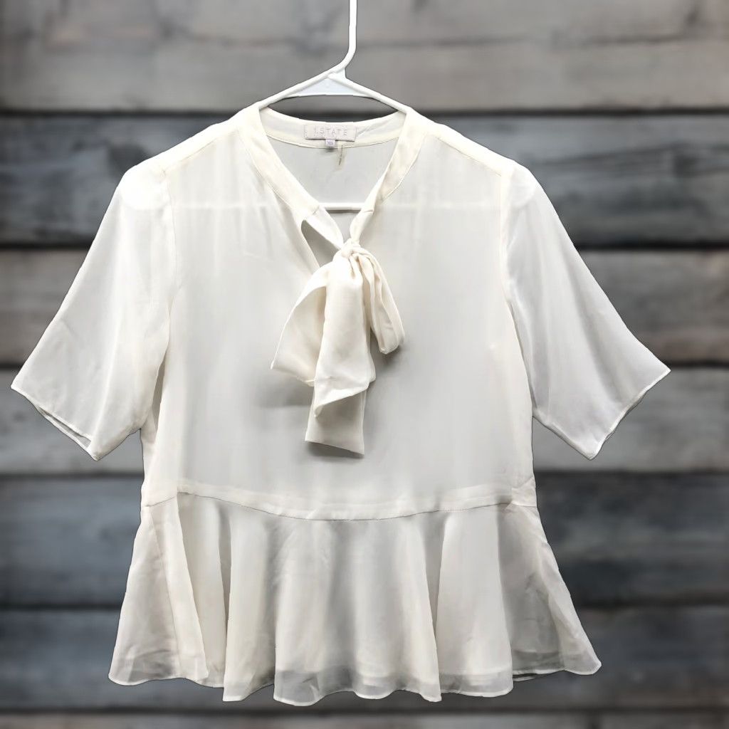 Vintage VINTAGE 1.STATE Tie Neck Peplum Blouse Womens XS White Chiffon Short Sleeve Bow Size XS / US 0-2 / IT 36-38 - 1 Thumbnail