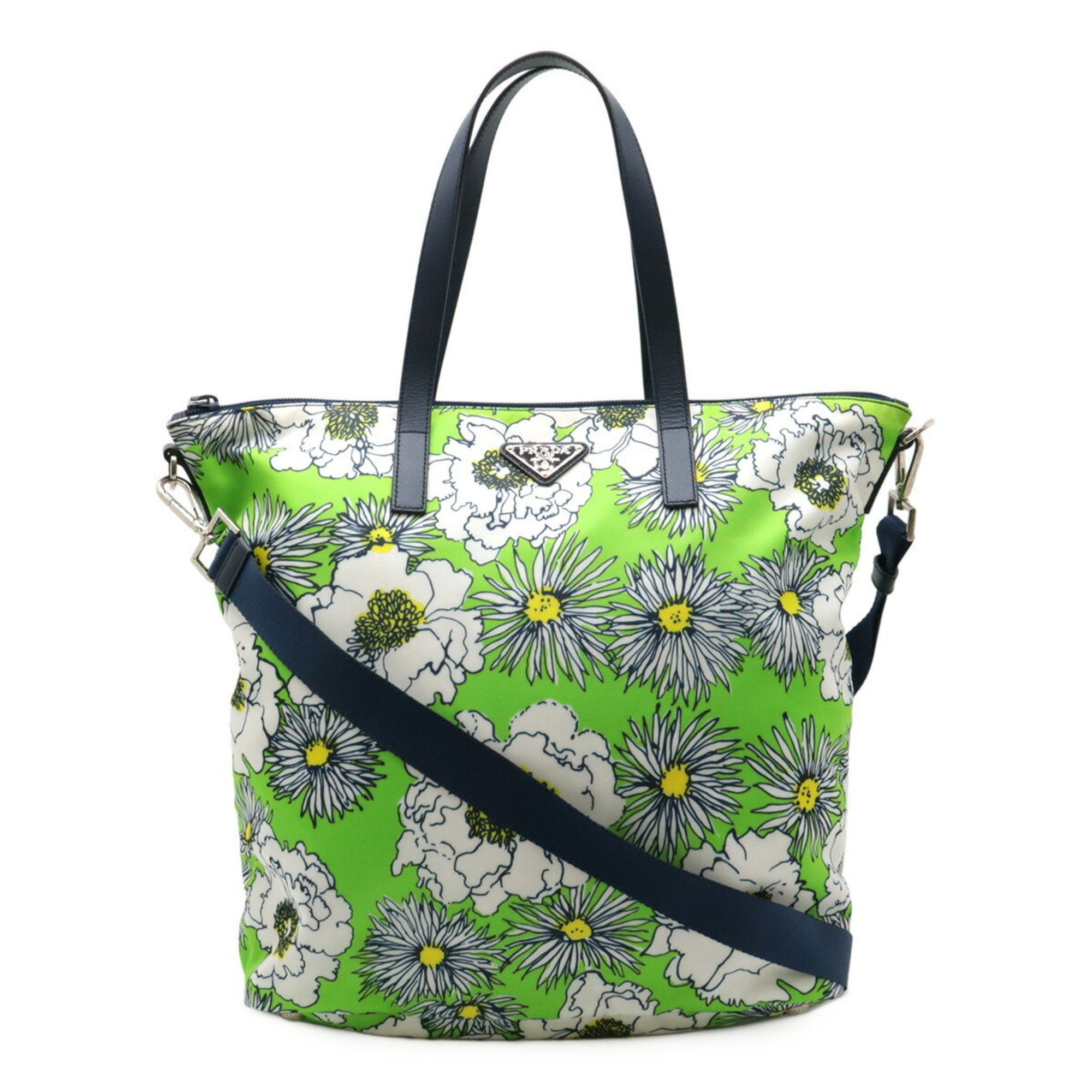 Prada Tote Bag Shoulder Flower Print Nylon Leather PRATO Green White B4696F