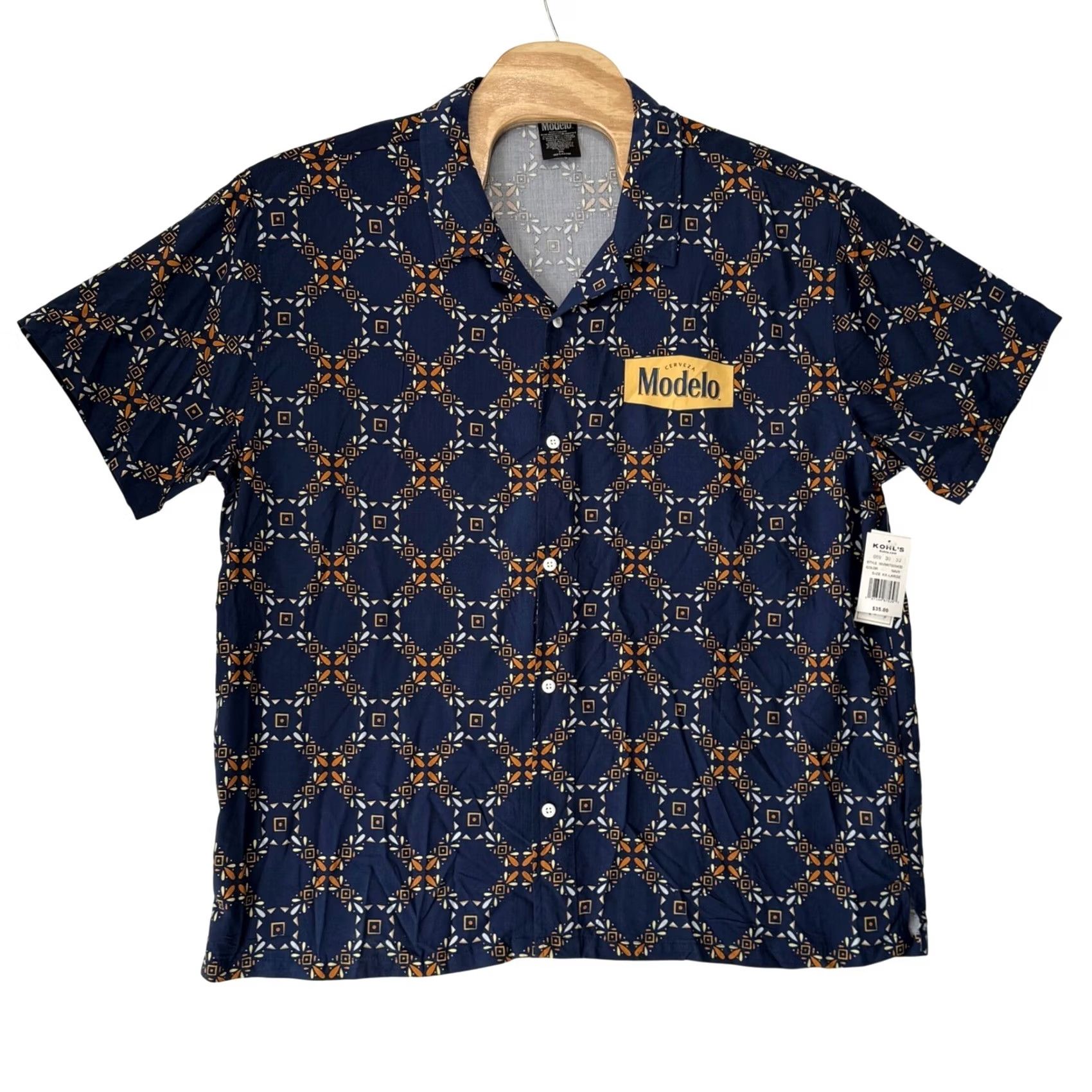 Vintage Modelo Mens 2XL Button-Down Shirt Navy Blue Geometric Logo Camp Summer NWT Size US XXL / EU 58 / 5 - 3 Thumbnail