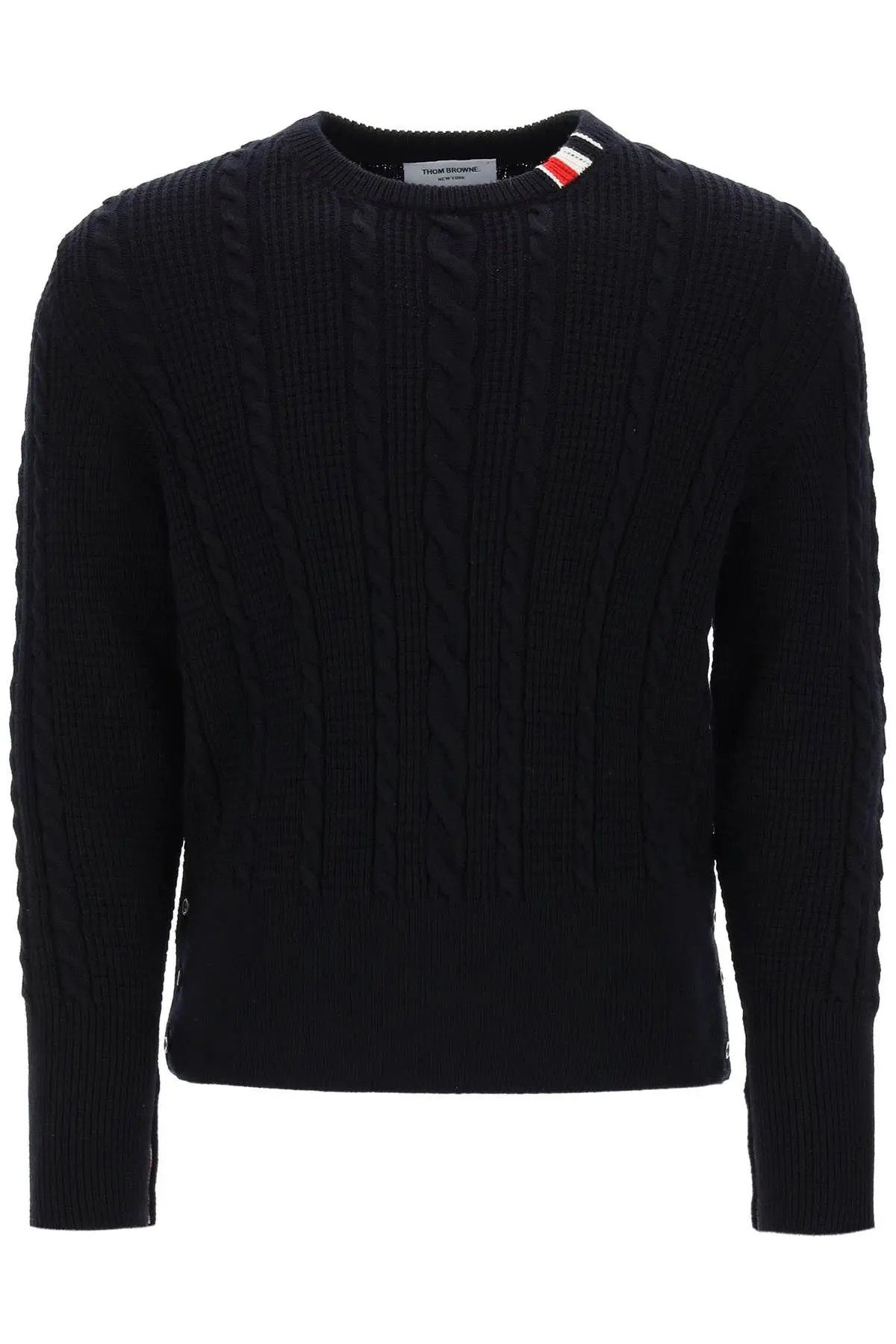image of Thom Browne O1S22I1N0124 Cable Wool Sweater In Blue, Men's (Size Small)