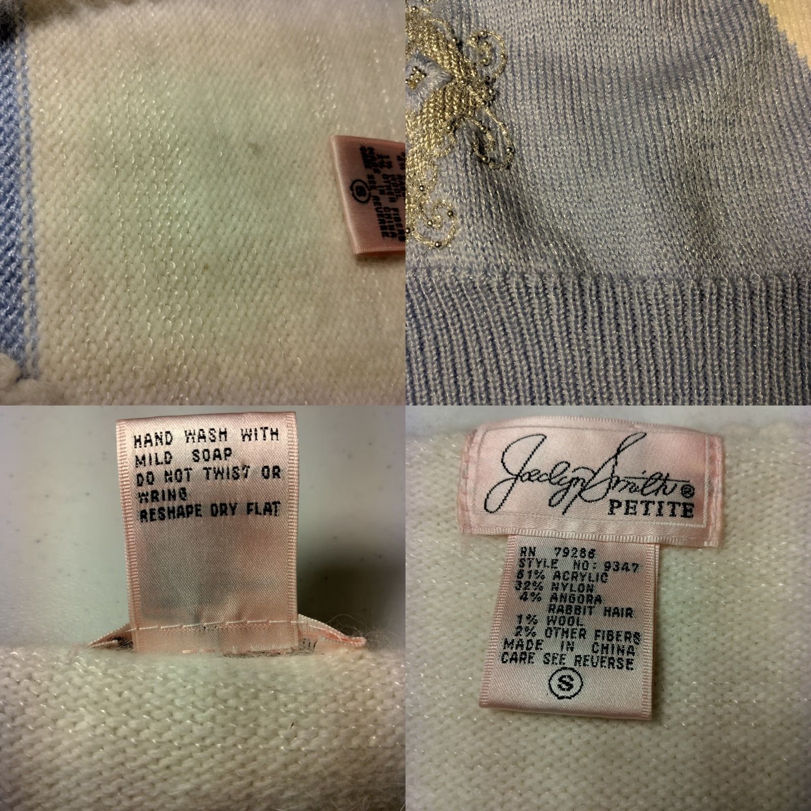 Vintage VINTAGE Jaclyn Smith Petite Sweater Poof Shoulder Blue White Silver Beaded Acrylic Angora Wool Beads Pullover 80s Women PS XS/S Size S / US 4 / IT 40 - 9 Thumbnail