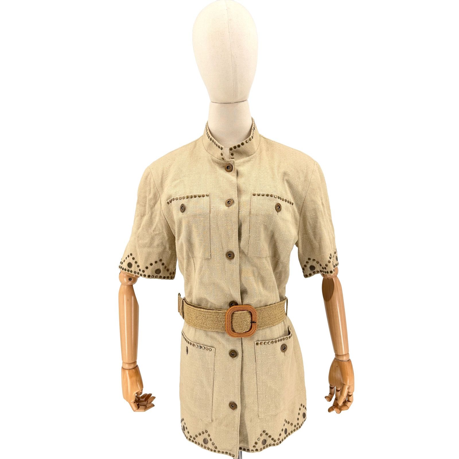 Double D Ranch Vintage 90s Khaki Copper Studded Safari Belted Jacket Size M / US 6-8 / IT 42-44 - 1 Thumbnail