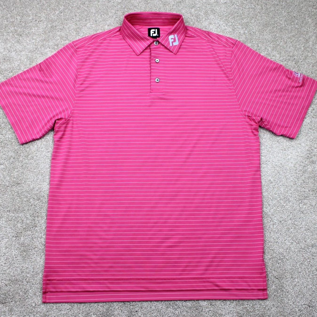 Footjoy FootJoy Polo Shirt Mens Large Pink/White Striped Polyester Stretch S/S Golf Size US L / EU 52-54 / 3 - 2 Thumbnail