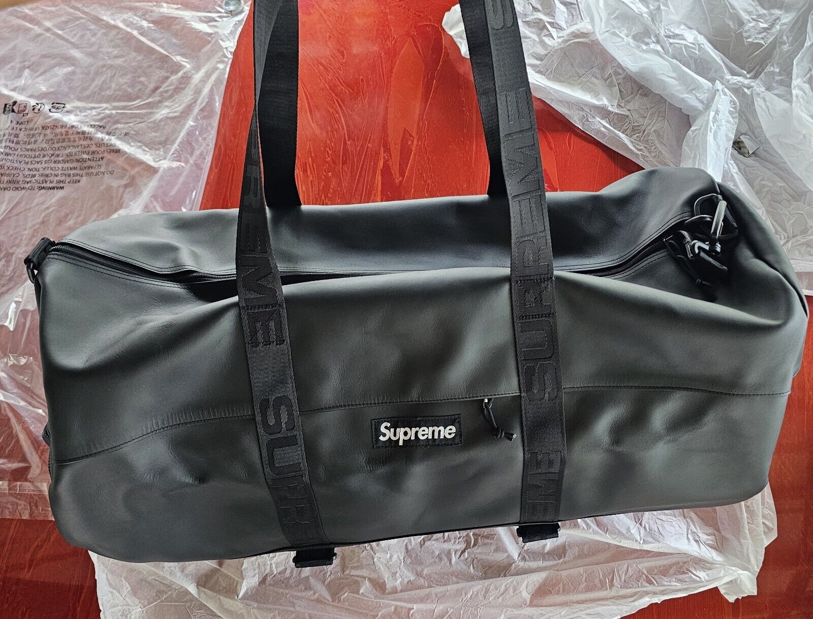 image of Supreme Cowhide Leather Large Duffle Bag In Black Fw23 65L, Men's