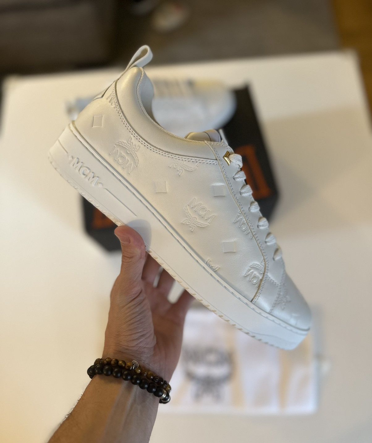 MCM M Neo Terrain Derby Embossed Monogram Leather Low Top Shoes in White, Men's (Size 11)