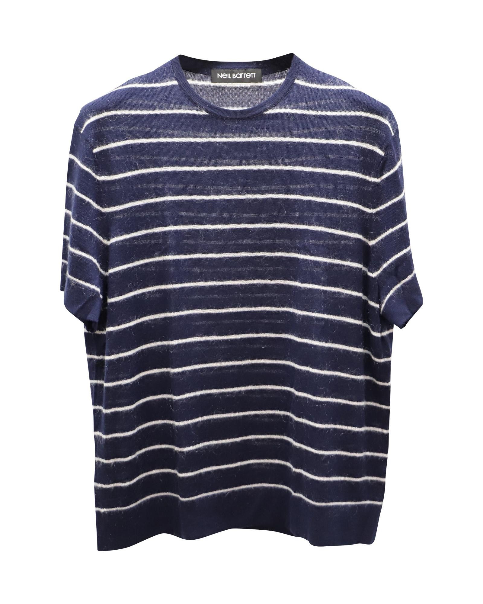 image of Neil Barrett Short Sleeve Knitted Stripe Shirt In Navy Blue And White Wool in Blue/Navy Blue (Size 