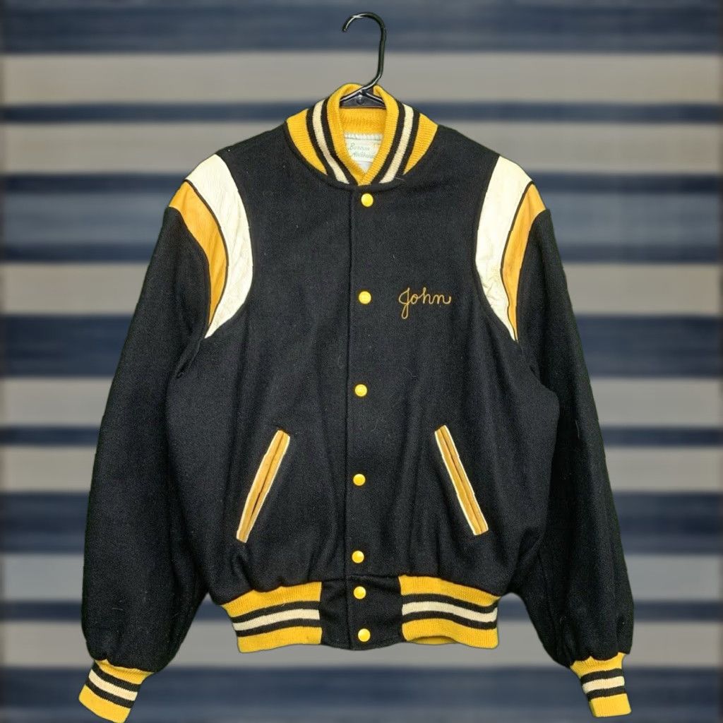 Holloway VINTAGE Holloway Letterman Jacket Unisex Adults 44 Black Yellow 80s Varsity Springfield Wool Zip Pockets Nylon Lining Size US S / EU 44-46 / 1 - 1 Thumbnail