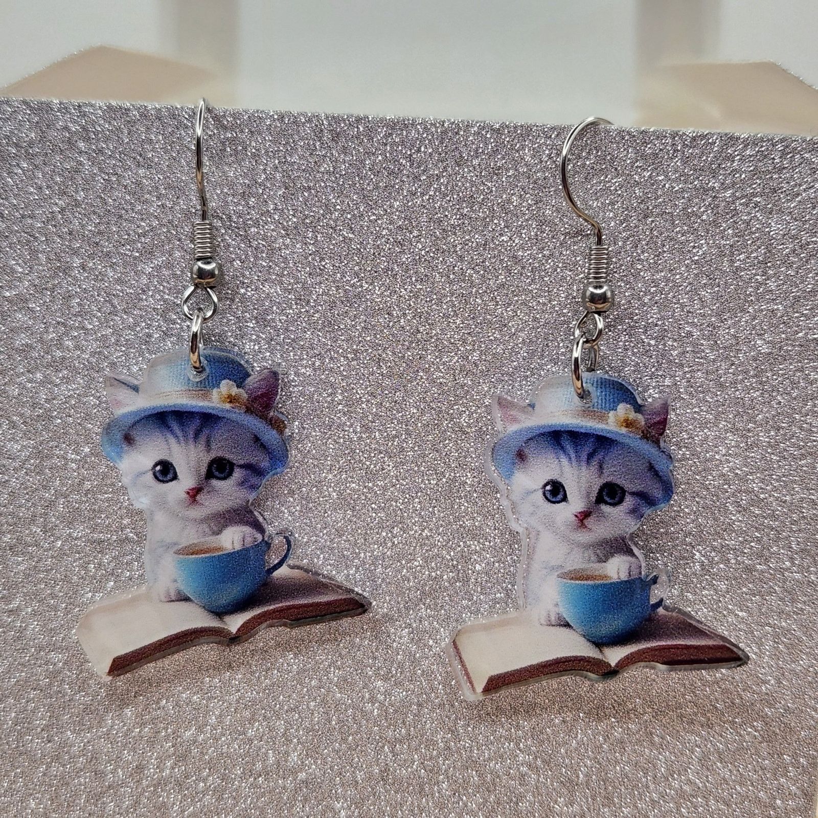 Other Gray Cat in Blue Teacup Sitting on Book Acrylic Earrings Size ONE SIZE - 6 Thumbnail