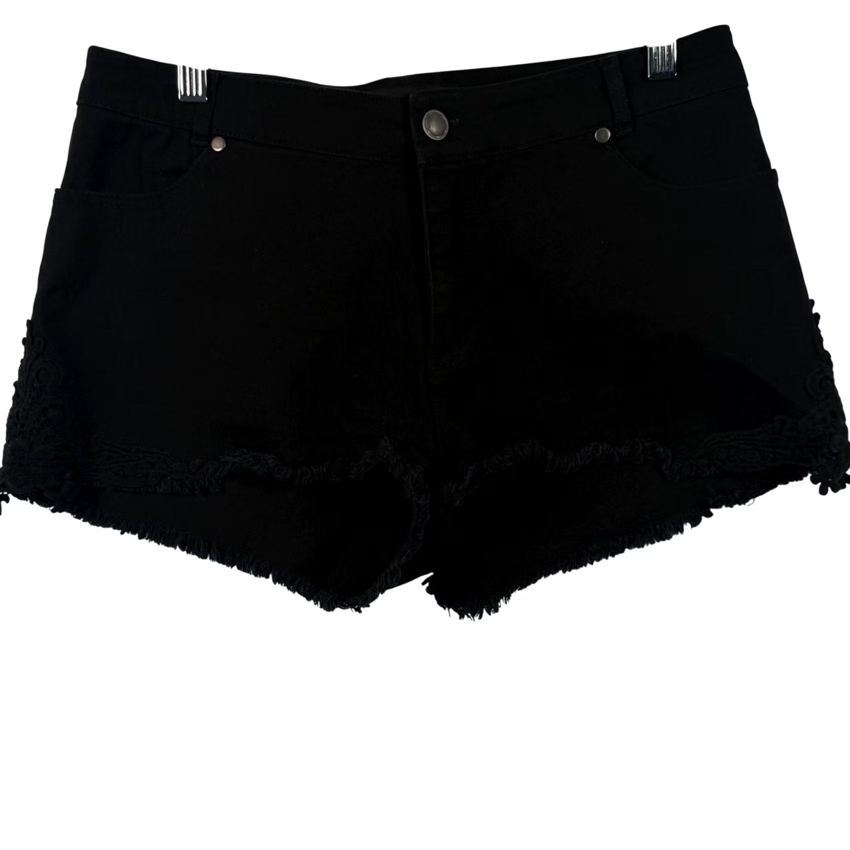 Vintage Ambiance Apparel Black Den im Shorts Cut-Off L Womens Boho Festival Crochet Lace Trim Denim Shorts Casual Party/Cocktail Girls? Size 24" / US 00 / IT 34 - 2 Thumbnail