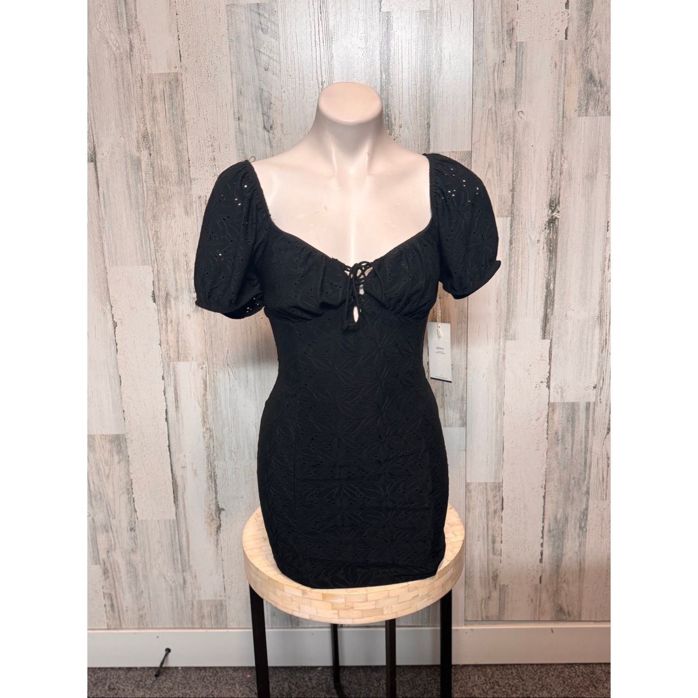 Other Blishe Black Puff Sleeve Mini Dress | Eyelet Lace Sweetheart Size M / US 6-8 / IT 42-44 - 2 Thumbnail