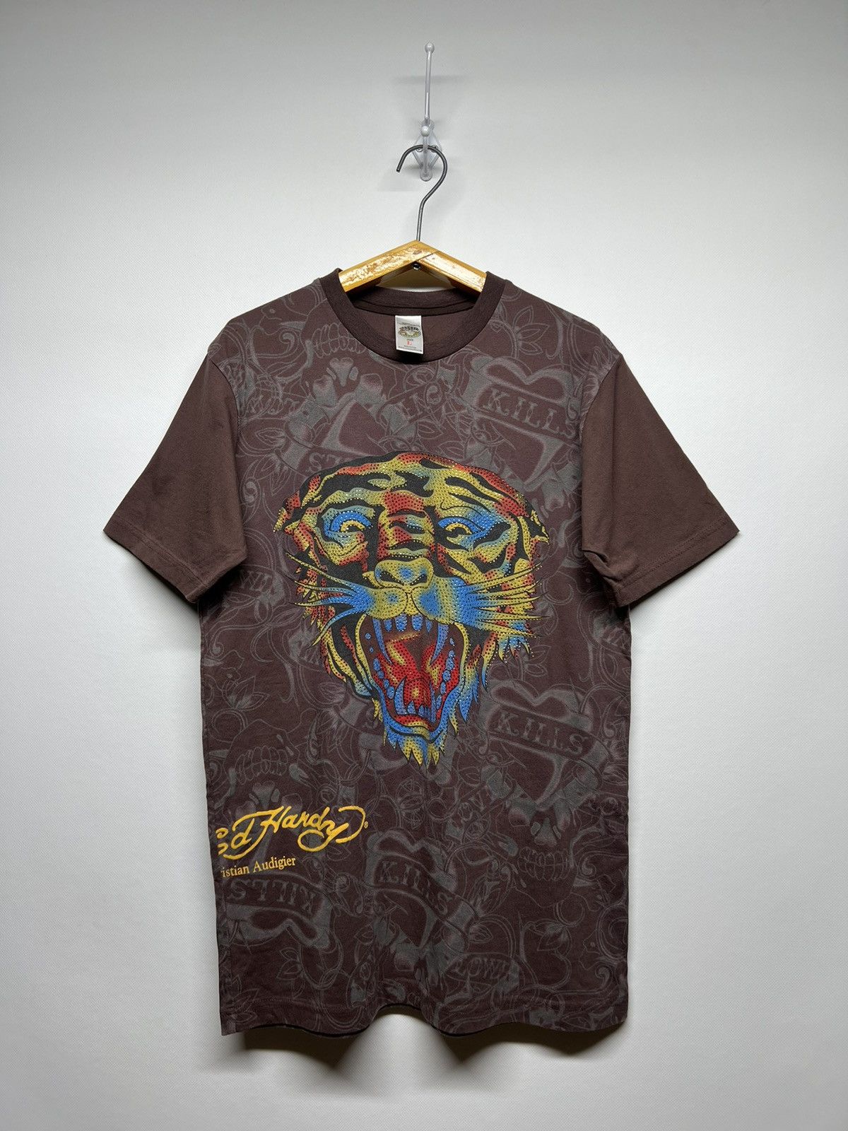 Christian Audigier × Ed Hardy × Vintage Vintage Y2k Ed Hardy Brown 🤎 Tigger All Over Print T Shirt Size S / US 4 / IT 40 - 4 Thumbnail