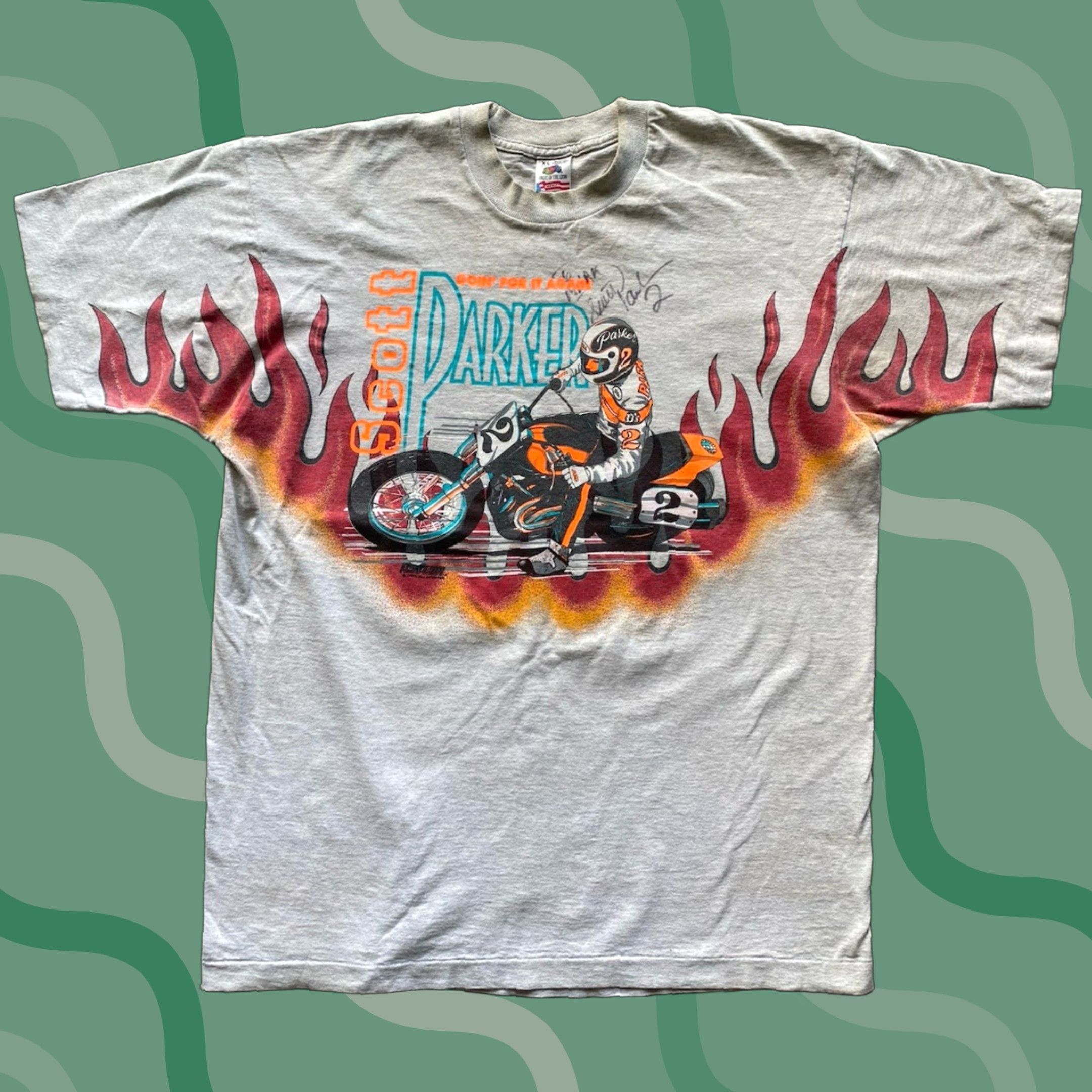 Fruit Of The Loom VINTAGE Scott Parker #2 Autographed T Shirt Men’s XL Gray Short Sleeve Harley Flames Size US XL / EU 56 / 4 - 1 Thumbnail