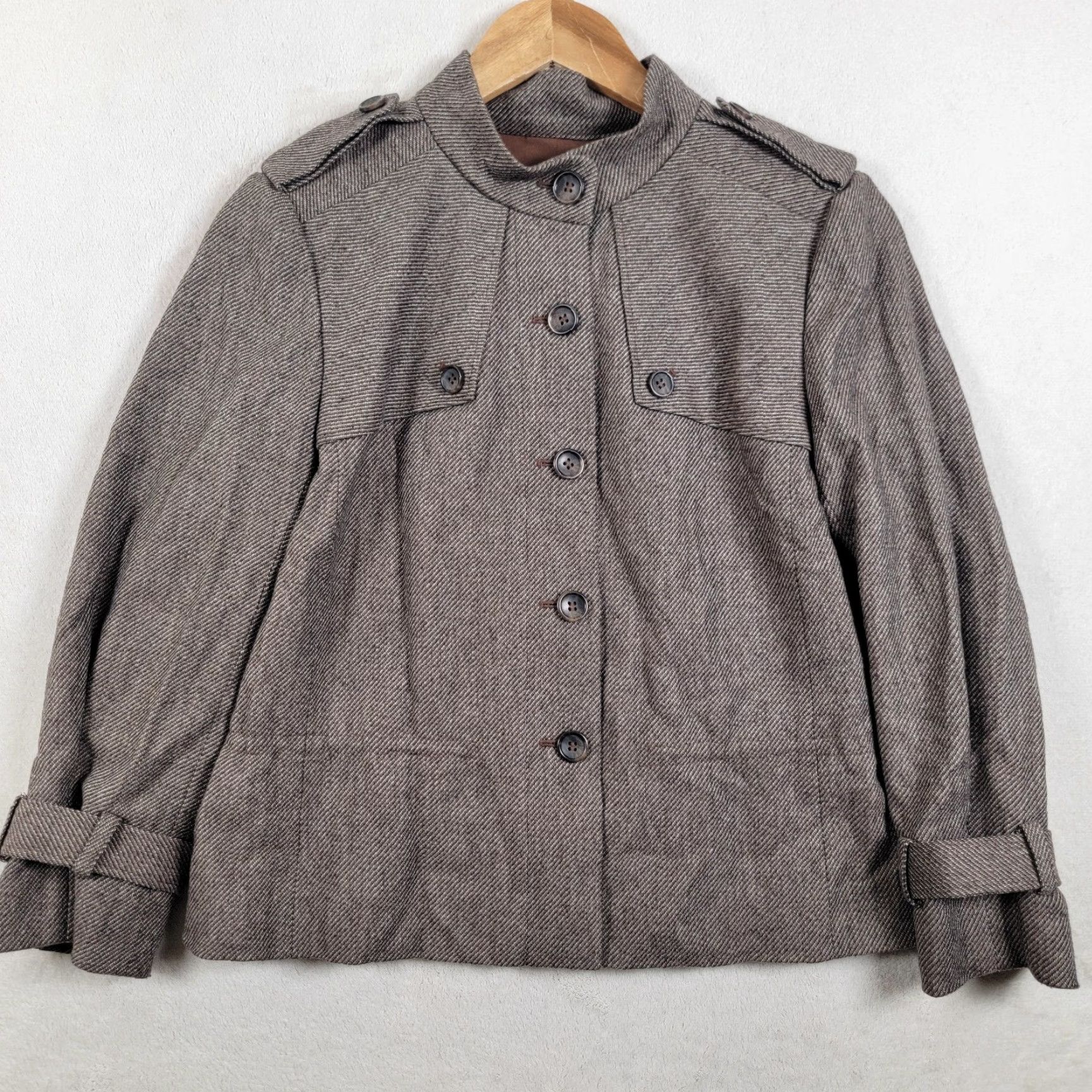 Herring Classiques Entier Jacket Women Brown Herring Bone Tweed Small Overcoat Lined Full Zip Collared Wool Blend Autumn Winter Carded Shoulder Pads Size S / US 4 / IT 40 - 2 Thumbnail