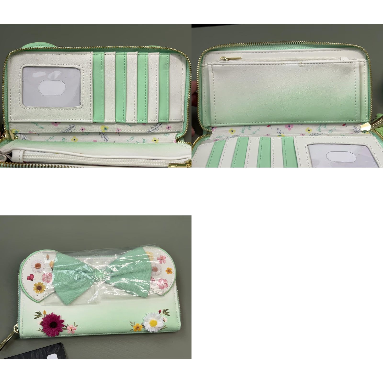 Vintage Disney Loungefly Mint Green Floral Bow Zip-Around Wallet Women One Size Size ONE SIZE - 8 Thumbnail