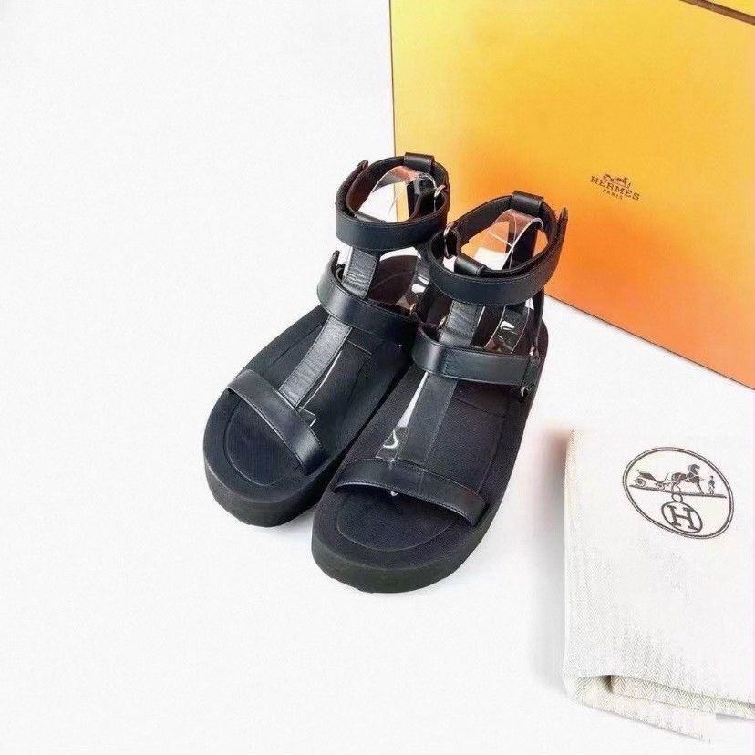 Hermes Hermès Enid platform sandals in black calfskin leather Size US 7 / IT 37 - 1 Thumbnail
