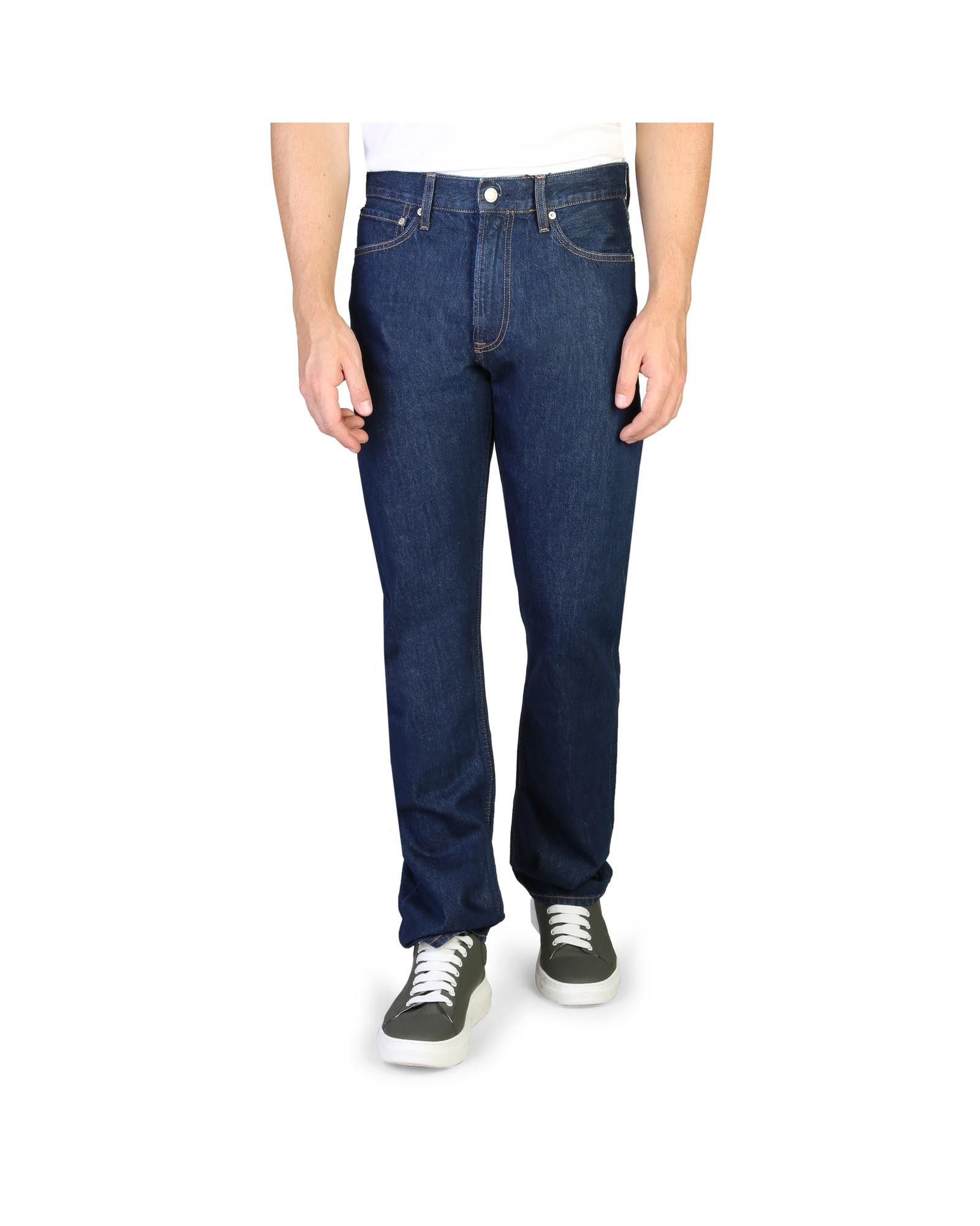 image of Calvin Klein Regular Fit Solid Colour Cotton Jeans With Zip Fastening in Blue, Men's (Size 28)