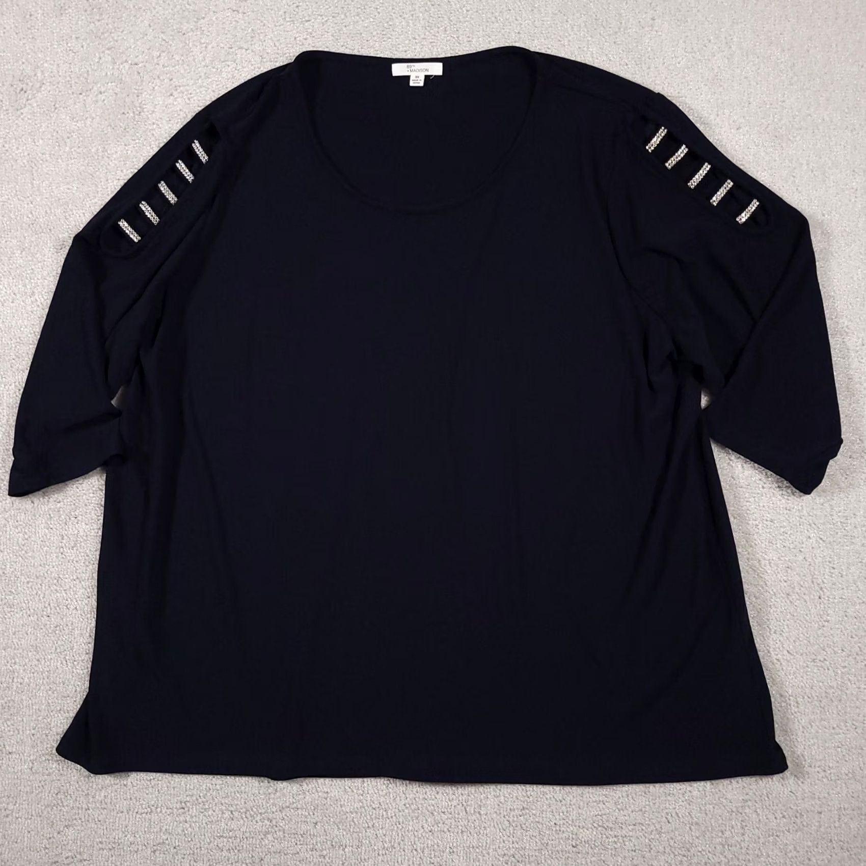 Vintage 89th + Madison Shirt Women's 3X Plus Navy Blue Rhinestone Shoulder Blouse Size XXL / US 16-18 / IT 52-54 - 2 Thumbnail