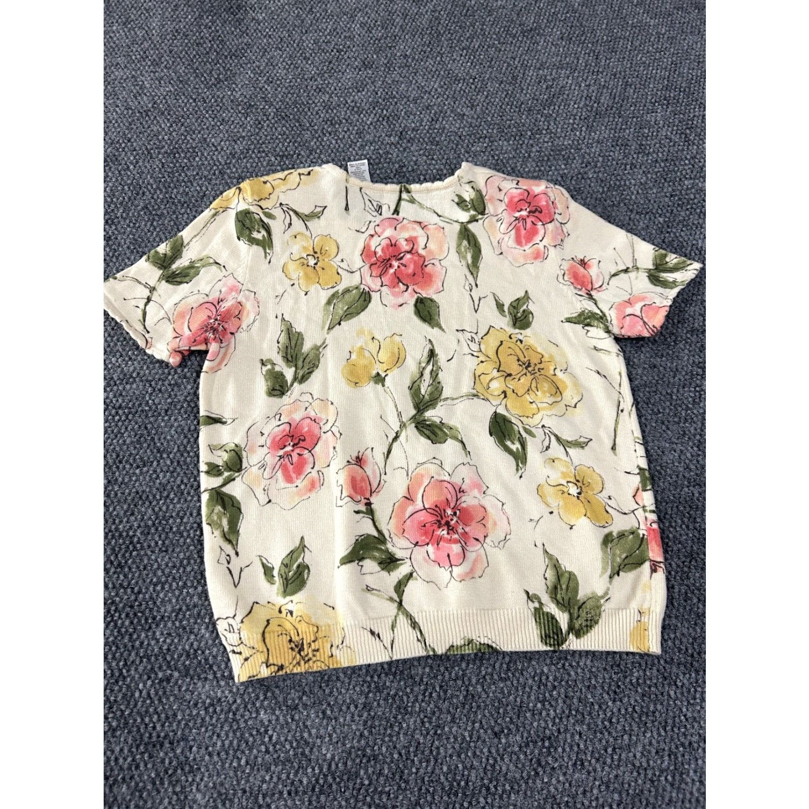 Vintage Alfred Dunner Blouse Womens Petite Medium Beige Floral Short Sleeve Crew Neck Pullover Knit Cotton Ramie Regular Stretch Vintage No N/A Size M / US 6-8 / IT 42-44 - 5 Thumbnail