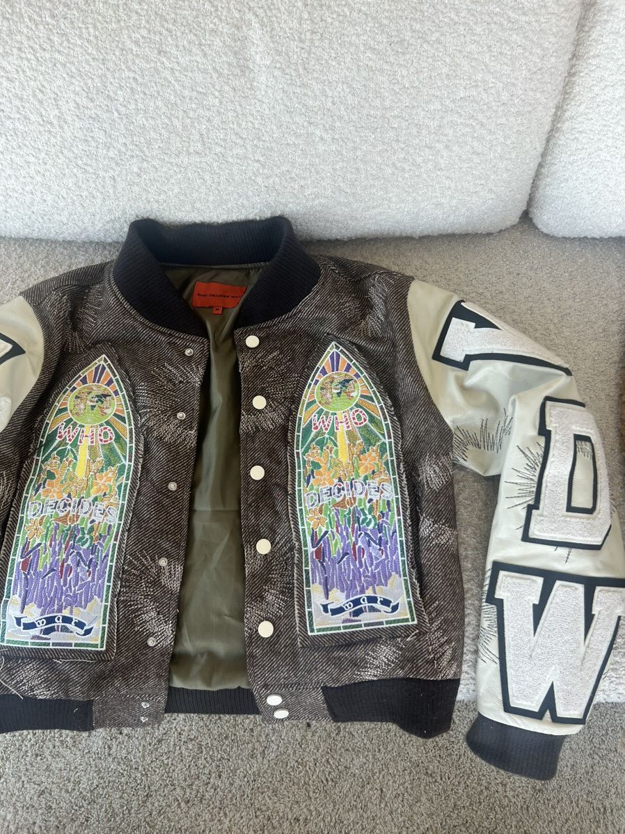 image of Who Decides War Varsity Jacket in Brown, Men's (Size Medium)