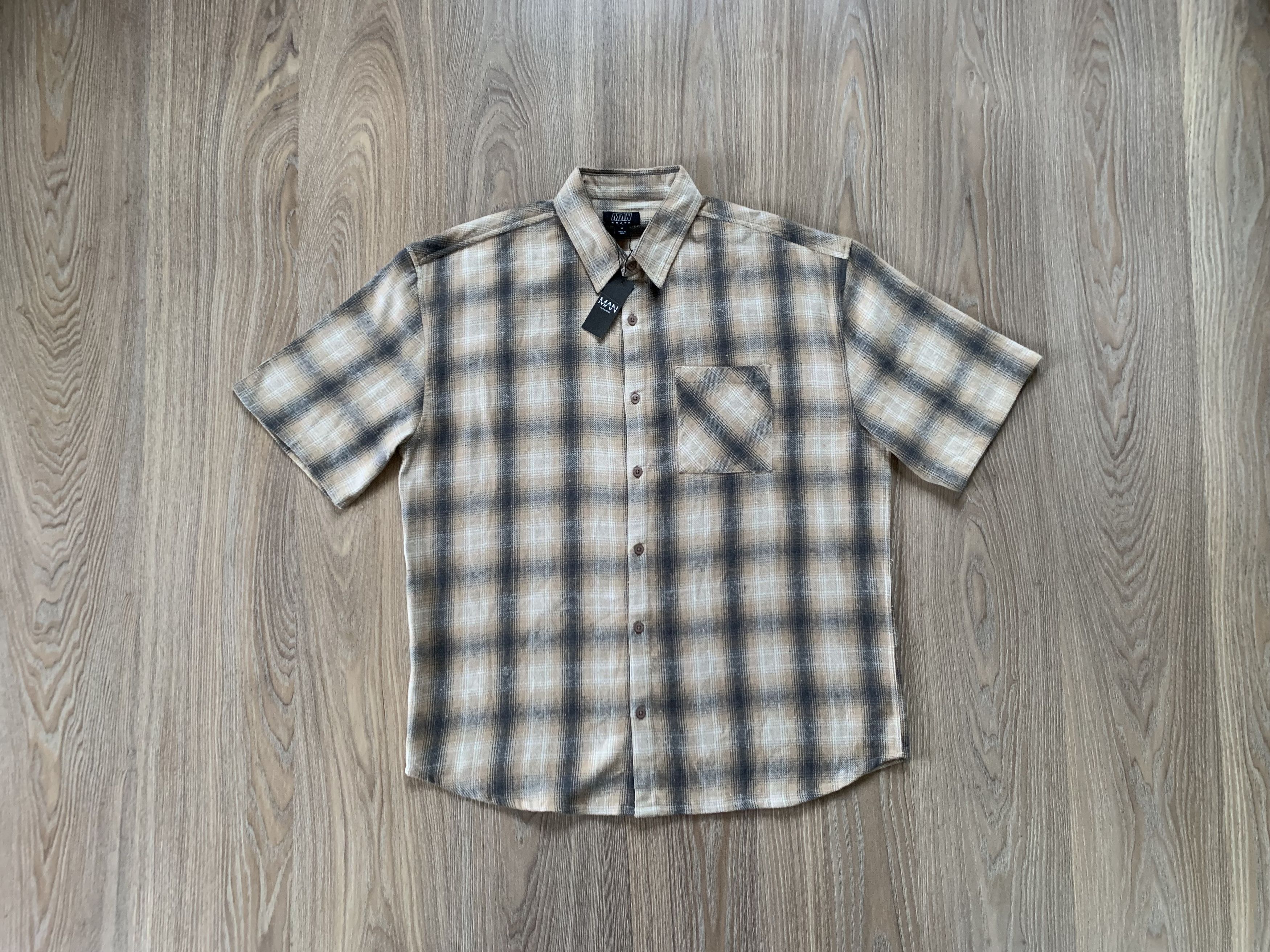 Boohoo Boohoo Man Skate Beige Flannel Short Sleeve Shirt Size US M / EU 48-50 / 2 - 1 Thumbnail