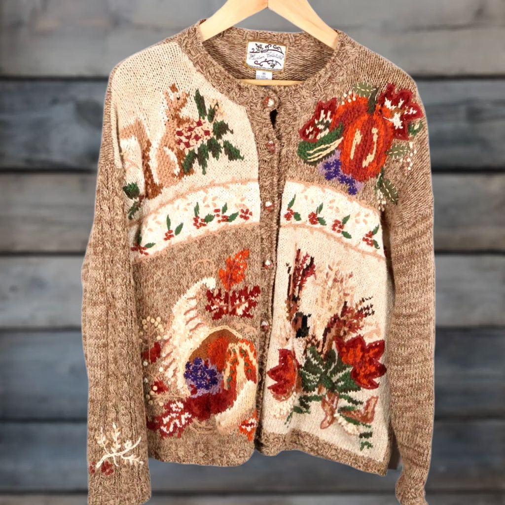 Vintage VINTAGE Heirloom Collectibles Cardigan Women’s Medium Beige Embroidered Autumn Harvest Knit Sweater Size M / US 6-8 / IT 42-44 - 1 Thumbnail
