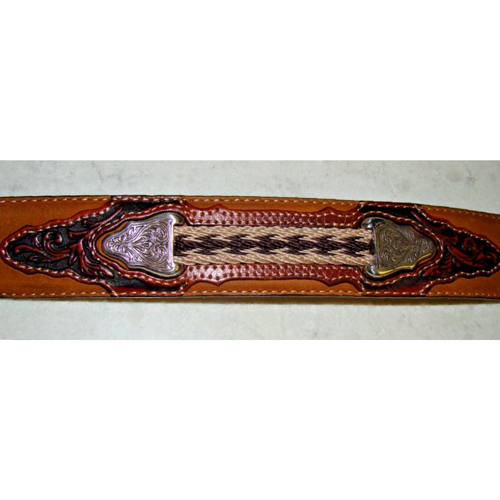 Vintage Justin THE WESTERNER Belt Mens 42 Tooled Leather Aztec Concho Brown 1 1/2” Western Mens Size 42 - 4 Thumbnail