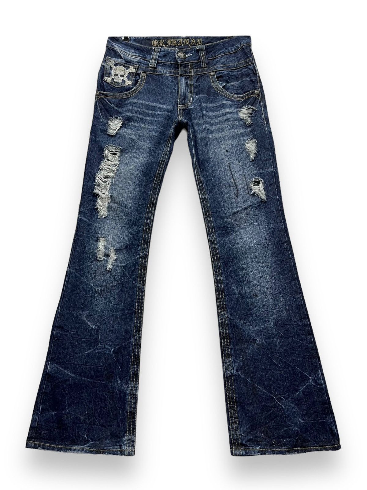 Skullcandy FLARE🔥 S&B Skull Embroidery Distressed Ripped Denim Pants Size US 31 - 3 Thumbnail