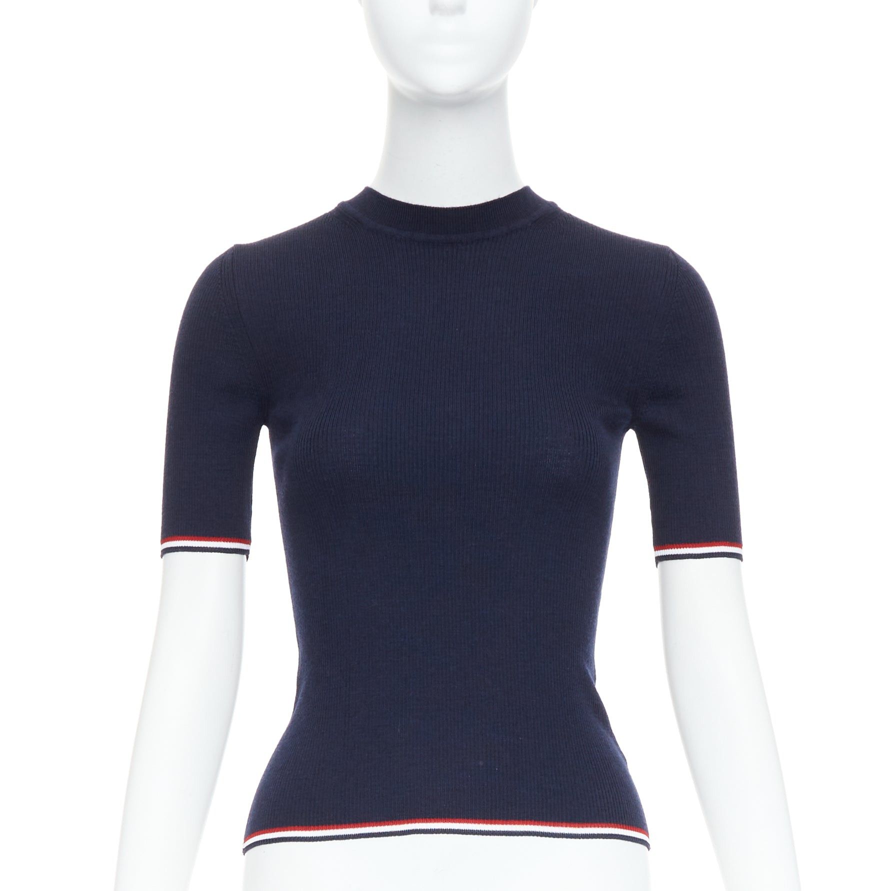 Thom Browne THOM BROWNE navy wool blend red white trim pointelle knit tshirt top IT36 XXS Size XS / US 0-2 / IT 36-38 - 1 Thumbnail