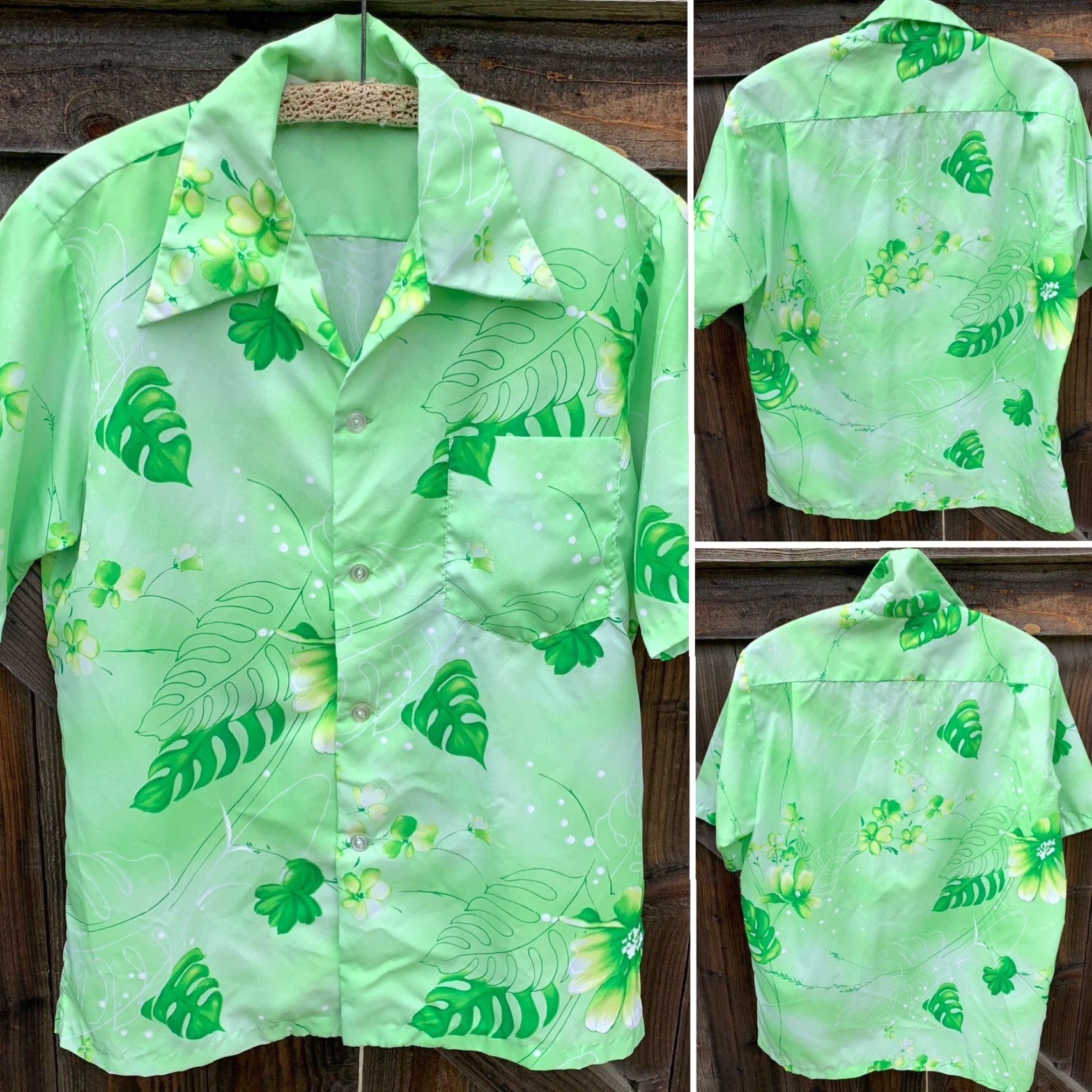 J Brand VINTAGE Hookano Hawaiian Shirt Men M Green Floral Short Sleeve Button-Up 100% Polyester Tiki Aloha Size US M / EU 48-50 / 2 - 4 Thumbnail