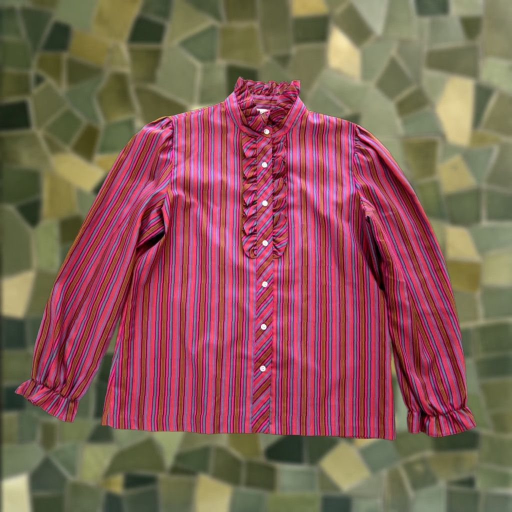 Vintage VINTAGE Lucky Me Pink Blouse Striped High Neck Long Sleeve Ruffle Button Large Women Size L / US 10 / IT 46 - 1 Thumbnail