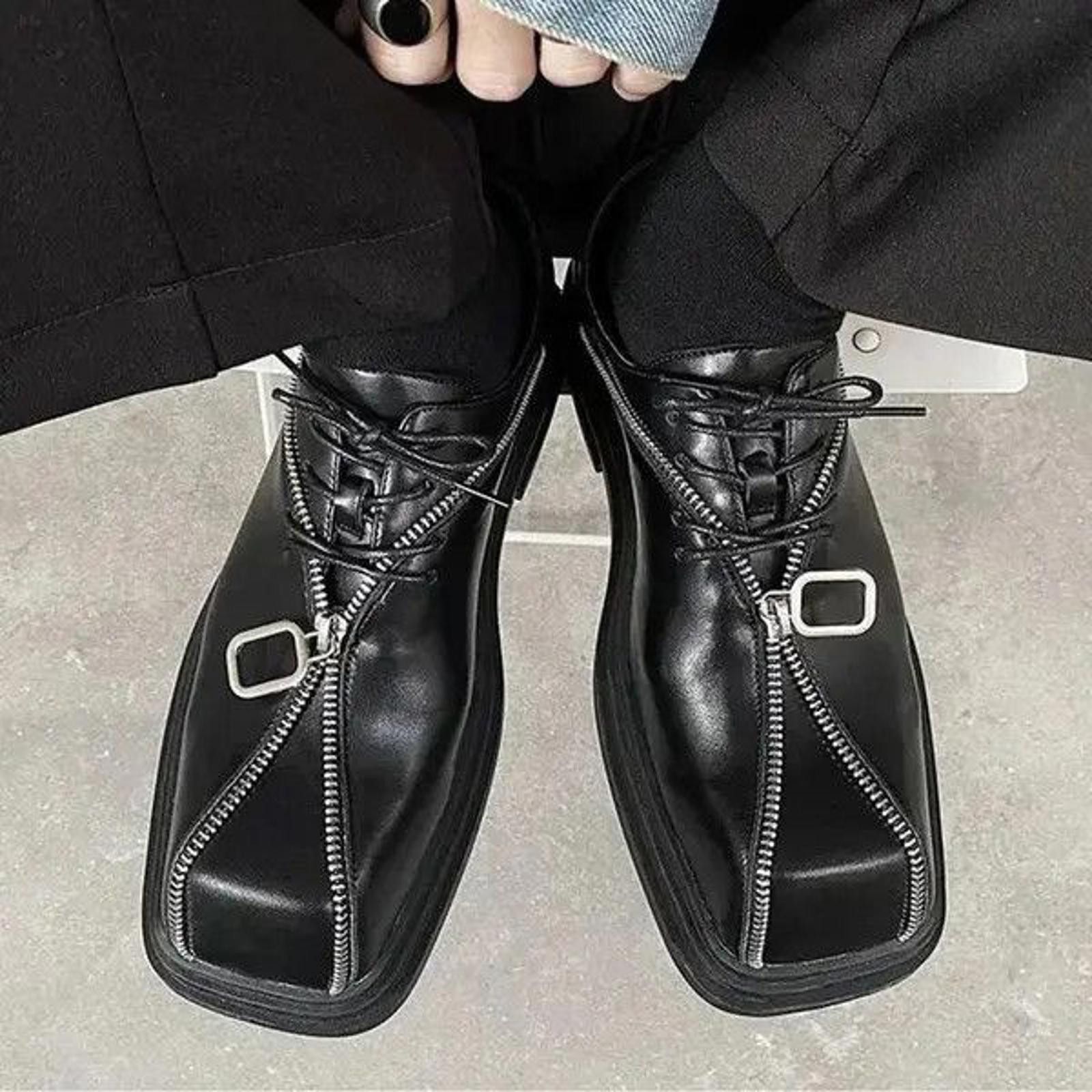 Leather Black Chunky Platform Oxford Shoes, Zipper Accent Shoes Size US 7 / EU 40 - 2 Thumbnail
