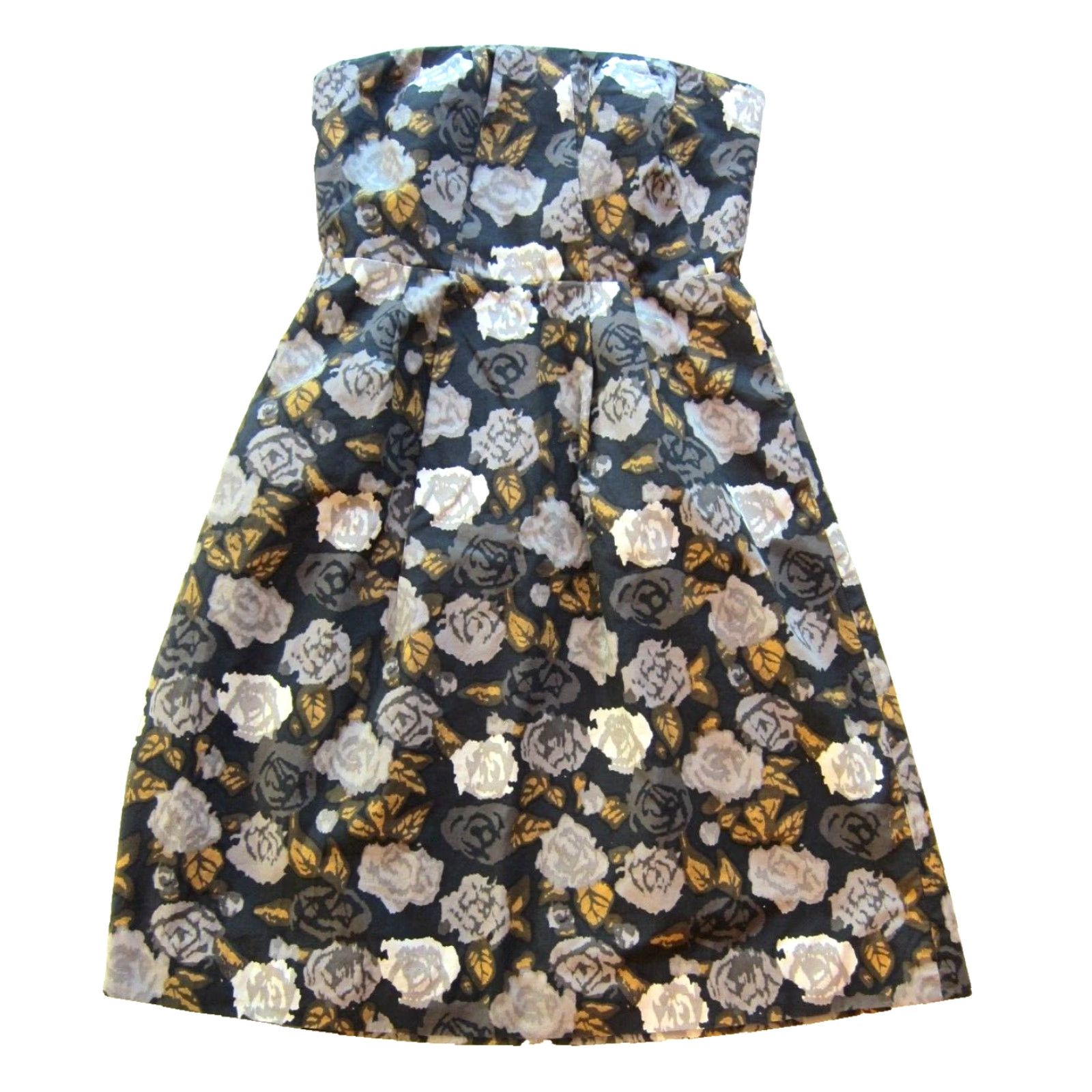 J.Crew J.Crew 100% Cotton Floral Strapless Fit Flare Dress 4 Sleeveless Grey Yellow Ivory Pockets Knee Length Back Zipper Lined Women Size S / US 4 / IT 40 - 2 Thumbnail