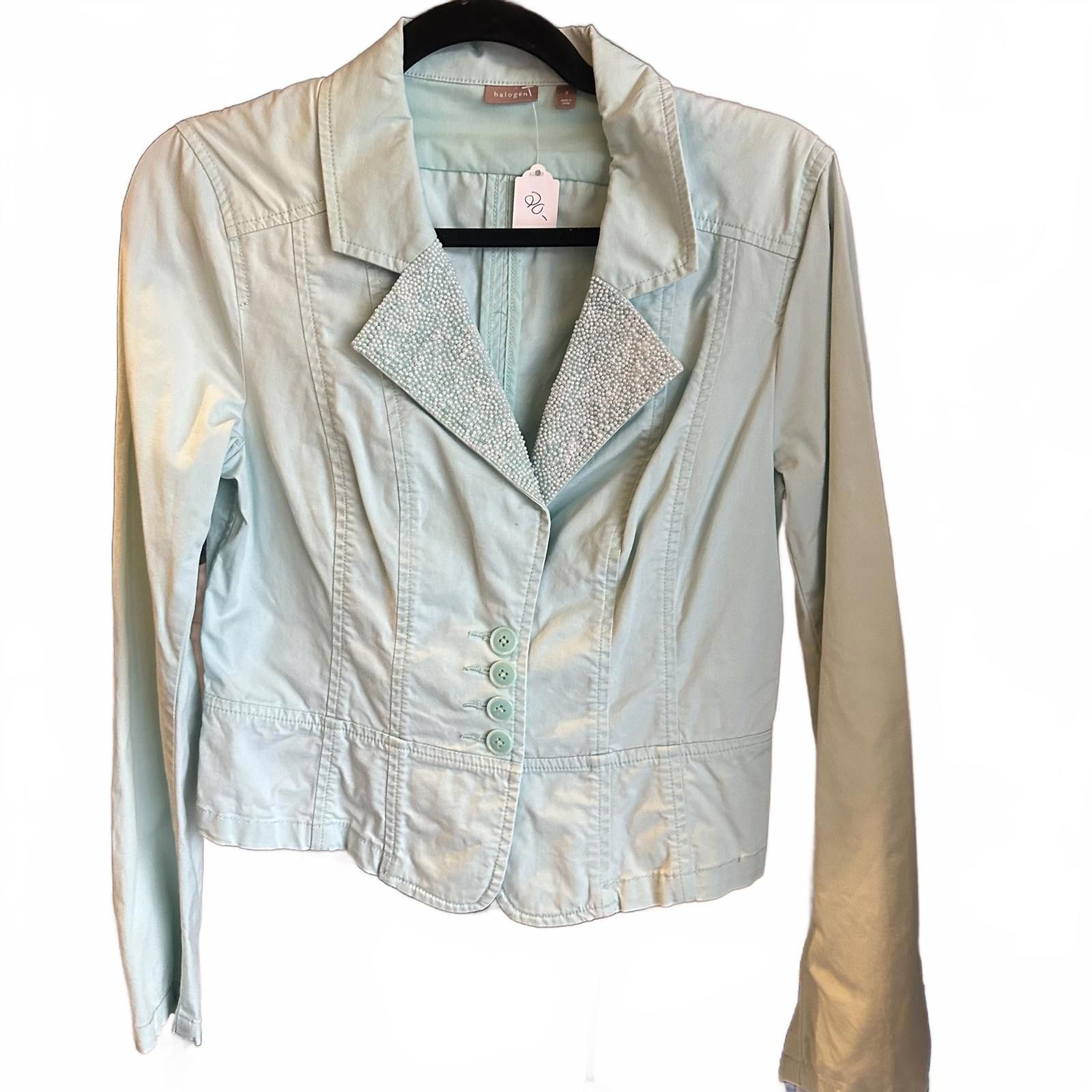 Designer Chic Halogen Mint Green Blazer with Beaded Collar Size S / US 4 / IT 40 - 1 Thumbnail