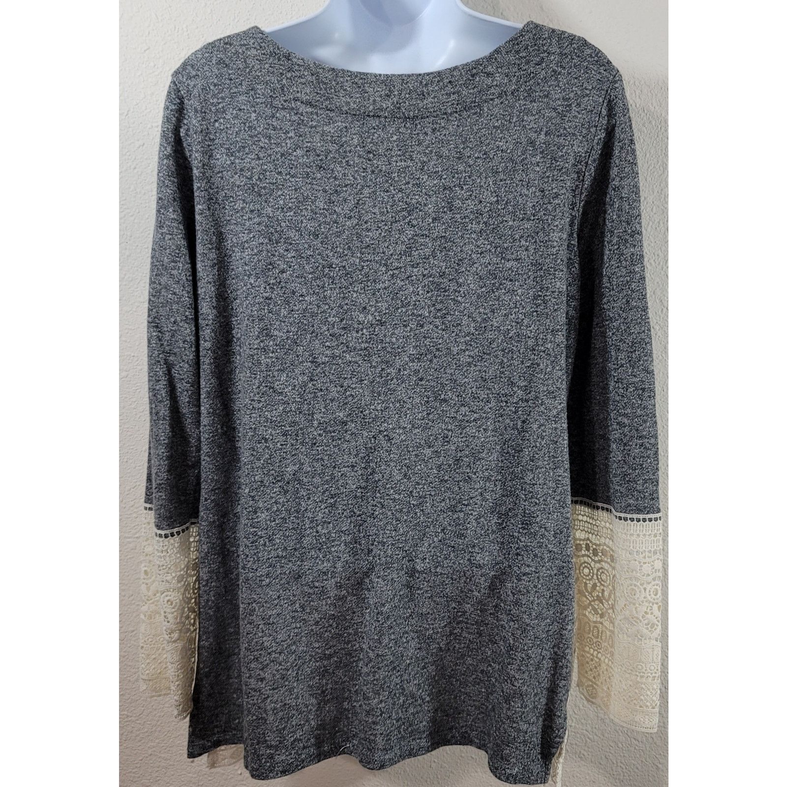 Other Hannah Gray Marled Round Neck Lace Hem Top Medium Soft Size M / US 6-8 / IT 42-44 - 2 Thumbnail